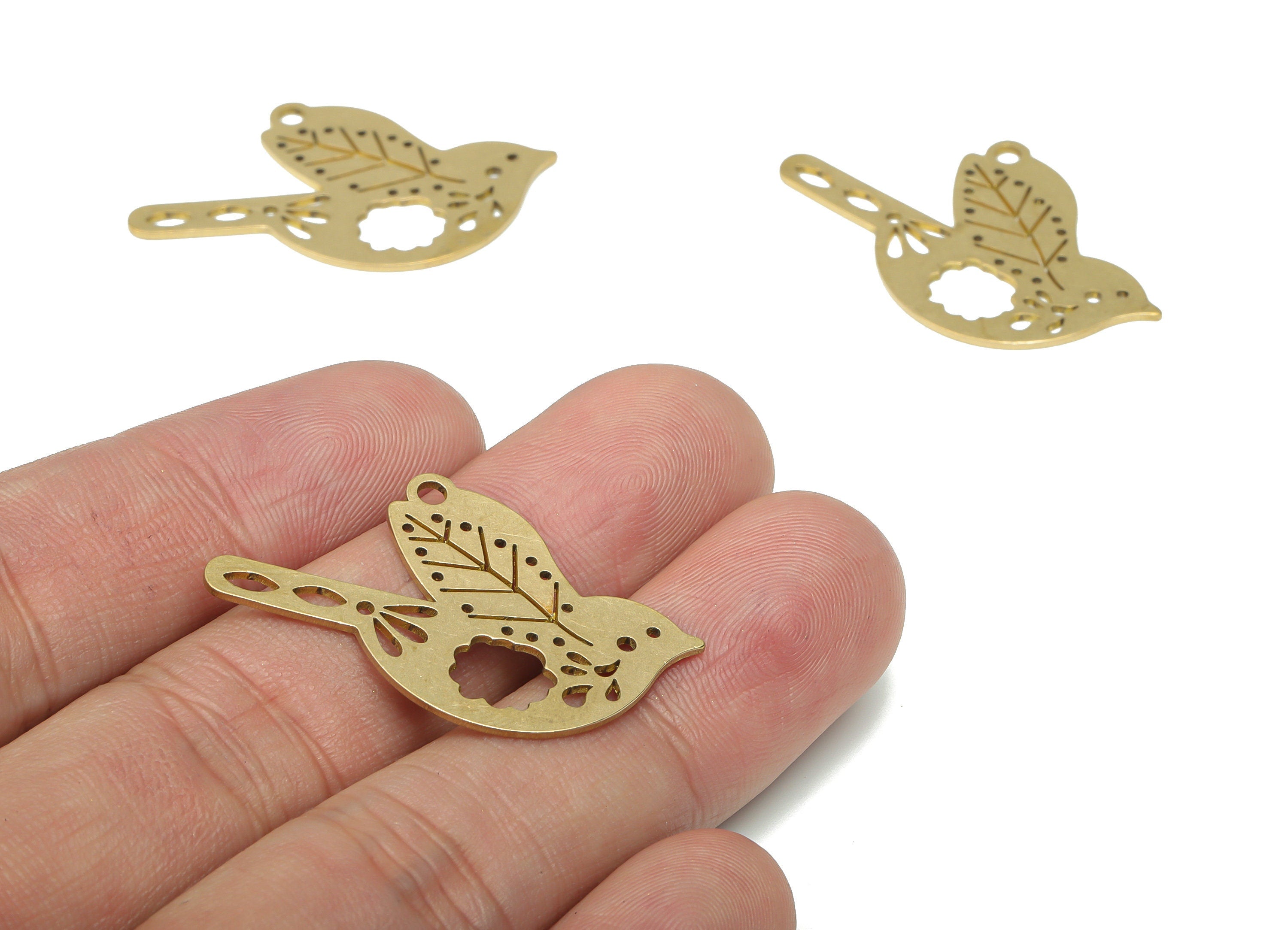 Brass Bubble Bird Leaf Earring Charms - Raw Brass Sparrow Flower Drop Oval Pendant - Jewelry Making Supplies - 35.95x19.36x0.75mm - PPA3225 - DOMEDBAZAAR