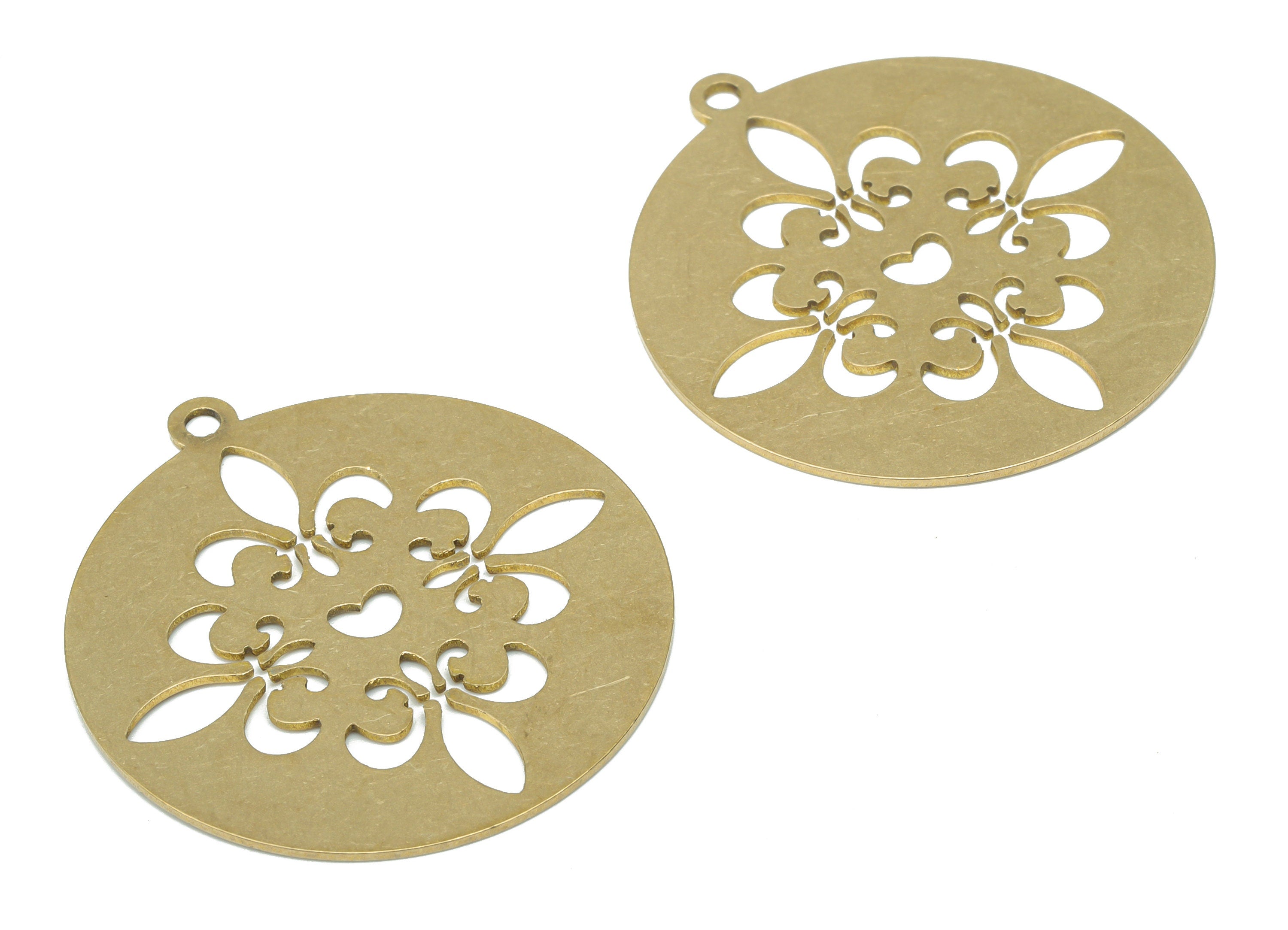 Brass Round Flower Earring Charms - Raw Brass Heart Circle Pendant - DIY Jewelry Making Supplies - 34.88x31.84x0.65mm - PPA2589 - DOMEDBAZAAR