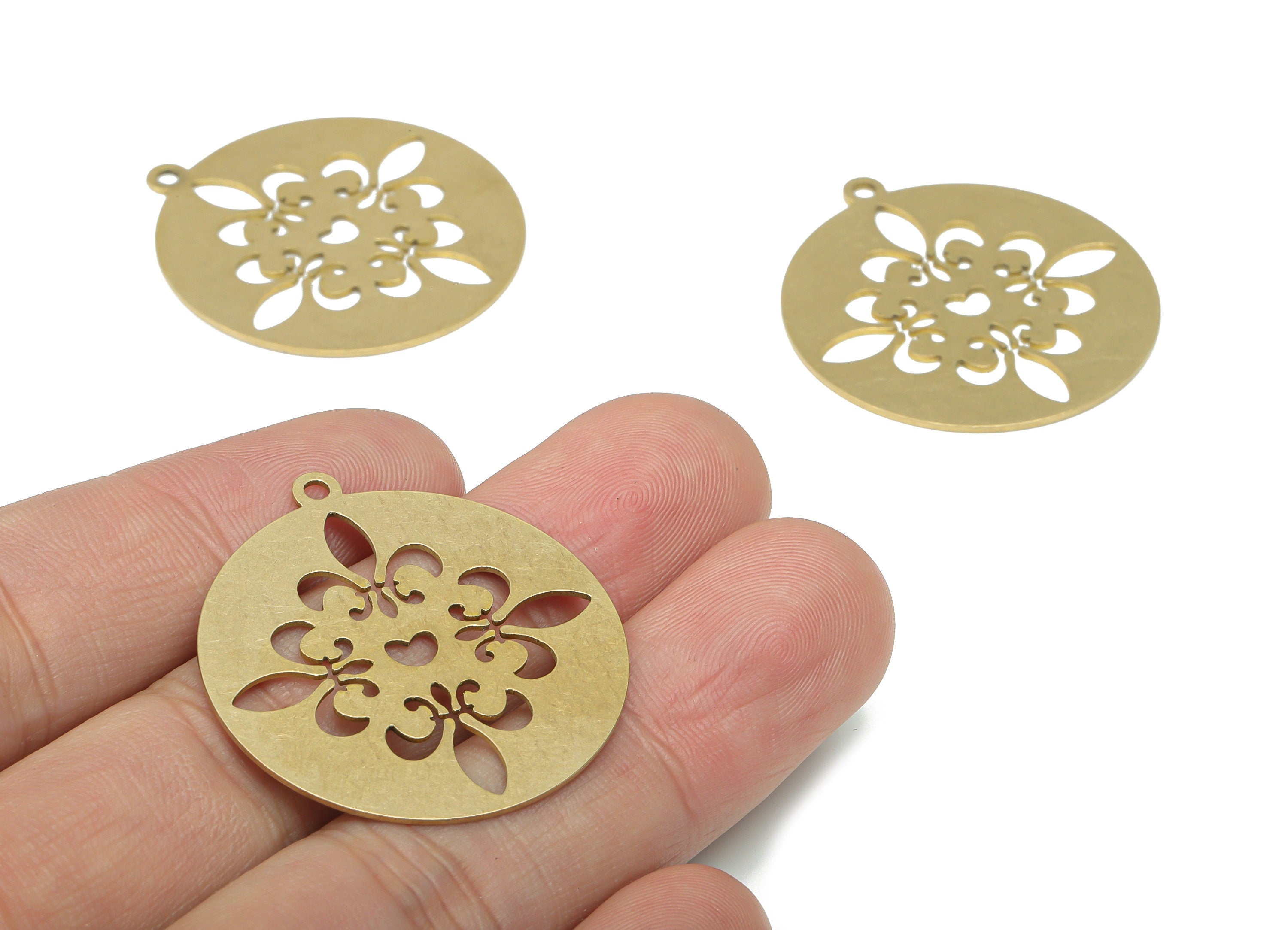 Brass Round Flower Earring Charms - Raw Brass Heart Circle Pendant - DIY Jewelry Making Supplies - 34.88x31.84x0.65mm - PPA2589 - DOMEDBAZAAR
