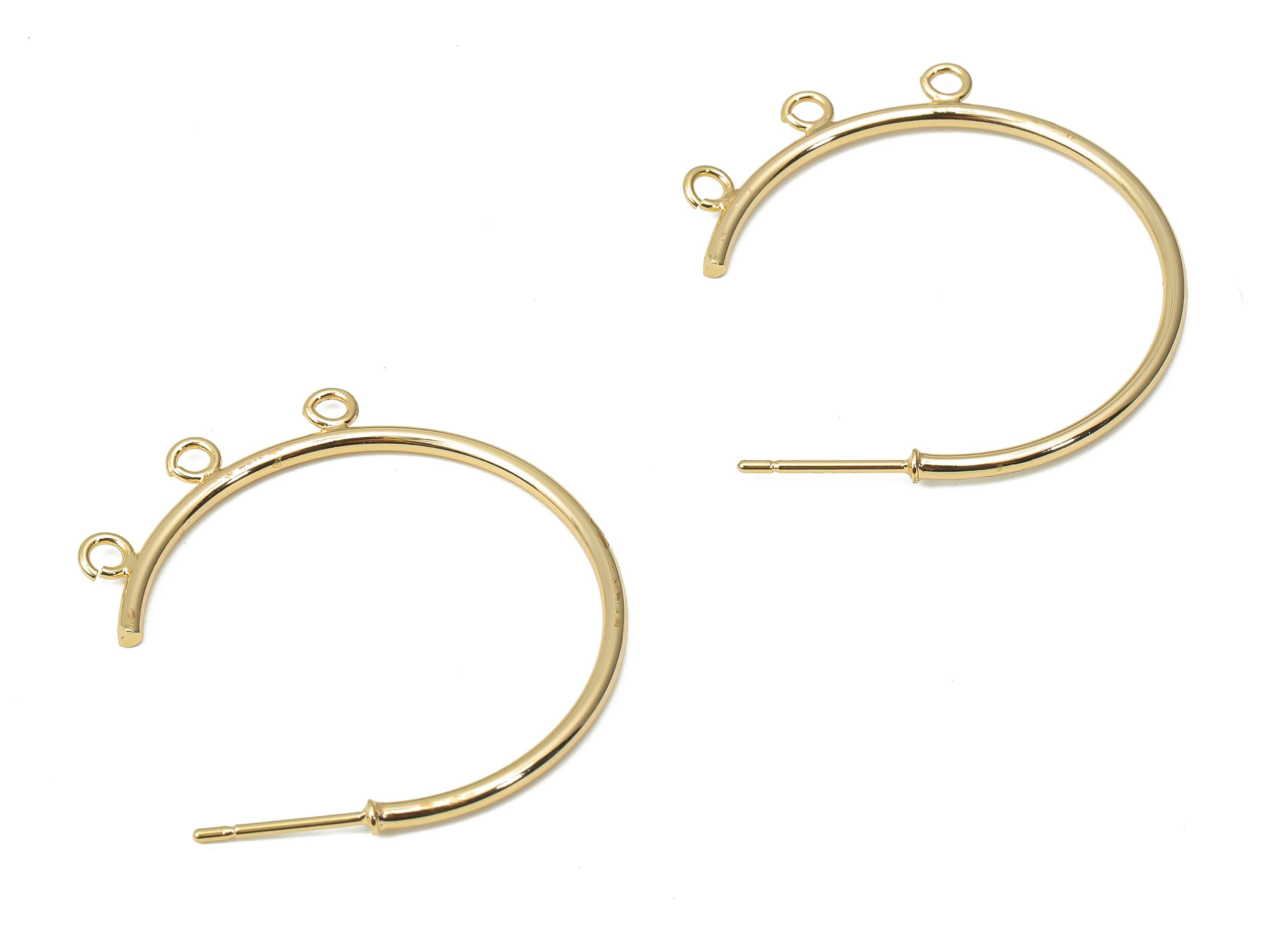 Brass C Open Hoop Earring Stud with 3 Loops - Gold C Hoop Post - Stainless Steel Stud - 18k Real Gold Plated Brass - 33.97x27x2mm - RGP4496 - DOMEDBAZAAR