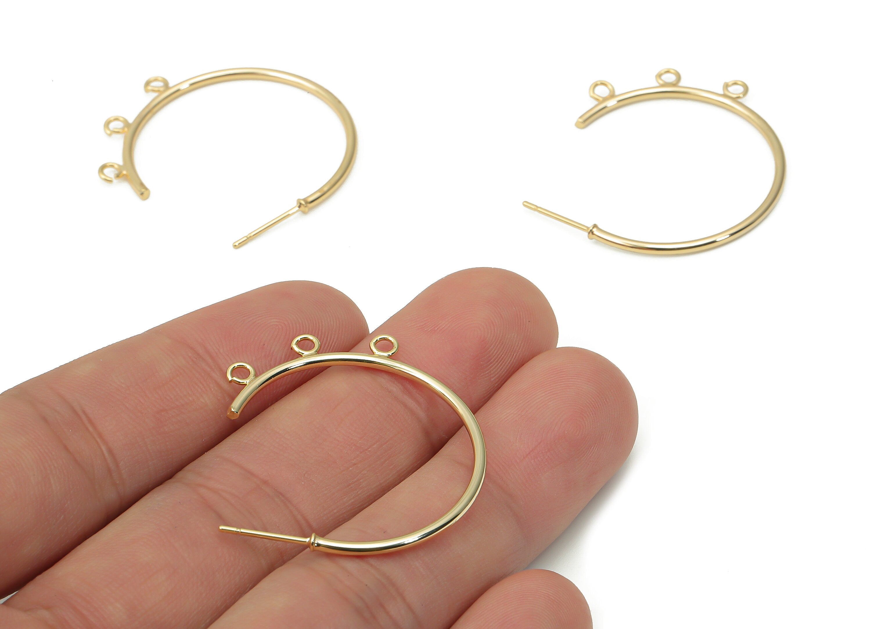 Brass C Open Hoop Earring Stud with 3 Loops - Gold C Hoop Post - Stainless Steel Stud - 18k Real Gold Plated Brass - 33.97x27x2mm - RGP4496 - DOMEDBAZAAR