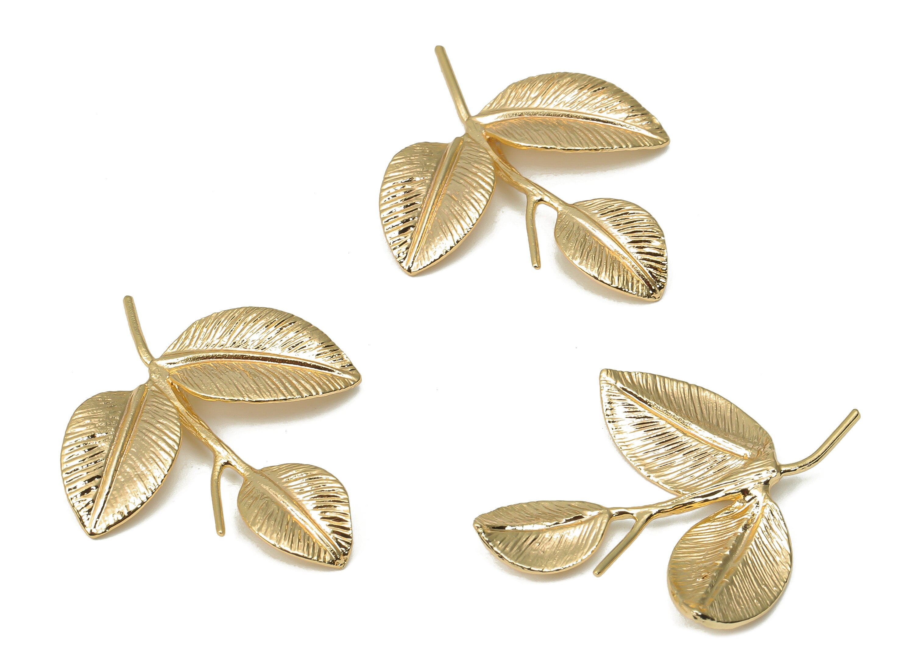 Brass Texture Leaves Earring Brooch - Gold Leaf Branch Figure Pendant - 18K Real Gold Plated Brass - 33.88x26.22x1.1mm - RGP4480 - DOMEDBAZAAR