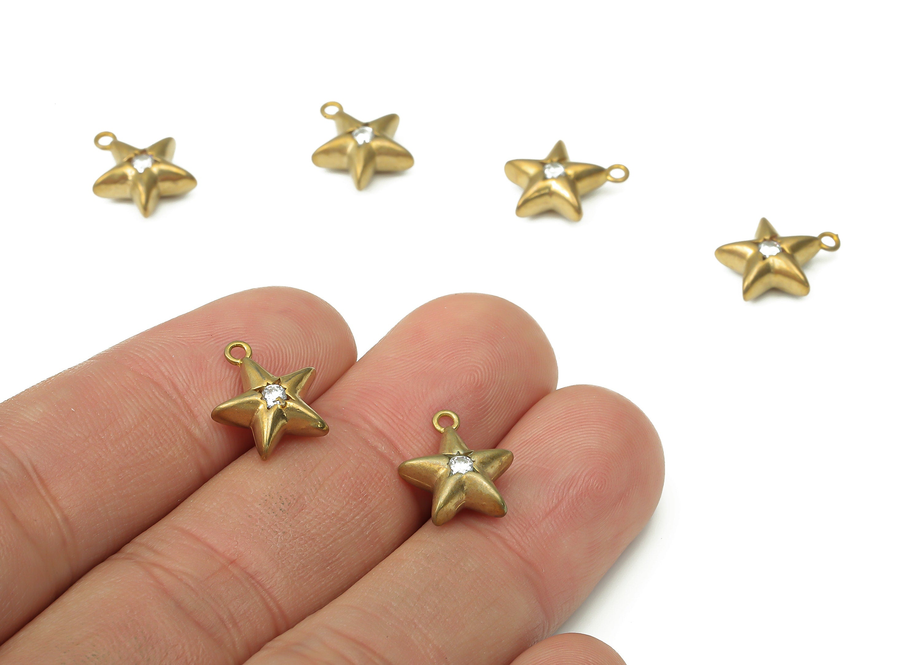 Brass Star Earring Charms with Zircon - Raw Brass Plant Pendant - Earring Charms for Jewelry Making - 13.11x11.55x4.92mm - PP7451 - DOMEDBAZAAR