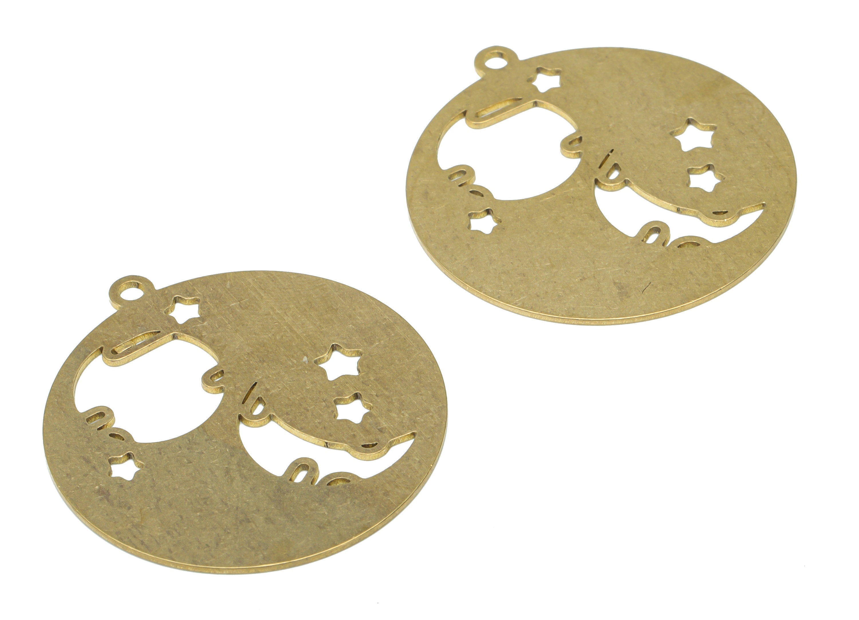 Brass Round Crescent Heavenly Body Earring Charms - Raw Brass Star Moon Pendant - DIY Jewelry Making Supplies - 34.87x31.89x0.65mm - PPA3000 - DOMEDBAZAAR