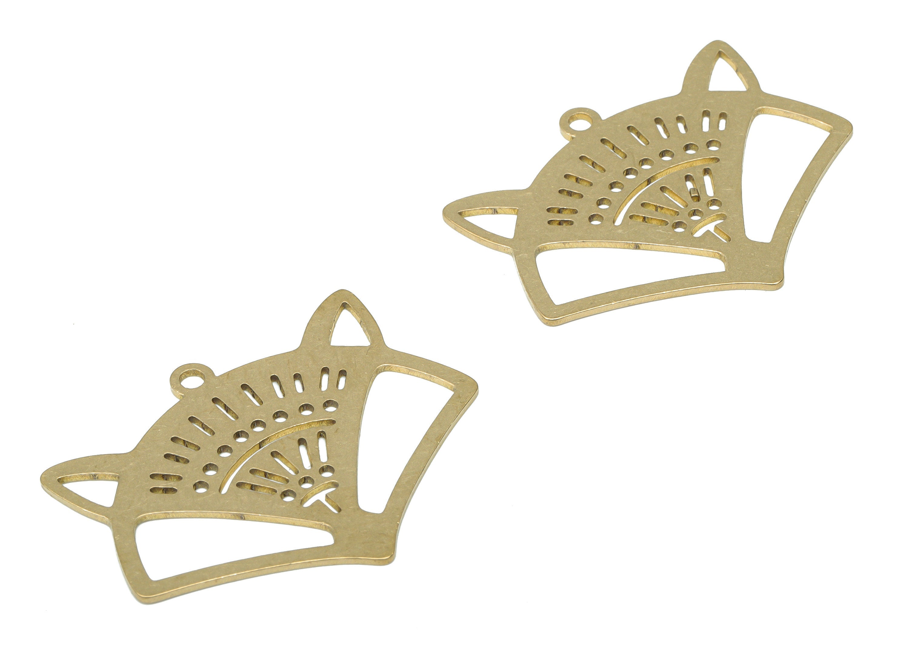 Brass Bubble Fox Head Earring Charms - Raw Brass Abstract Fan Pendant - DIY Jewelry Making Supplies - 35.75x28.3x0.76mm - PPA3386 - DOMEDBAZAAR