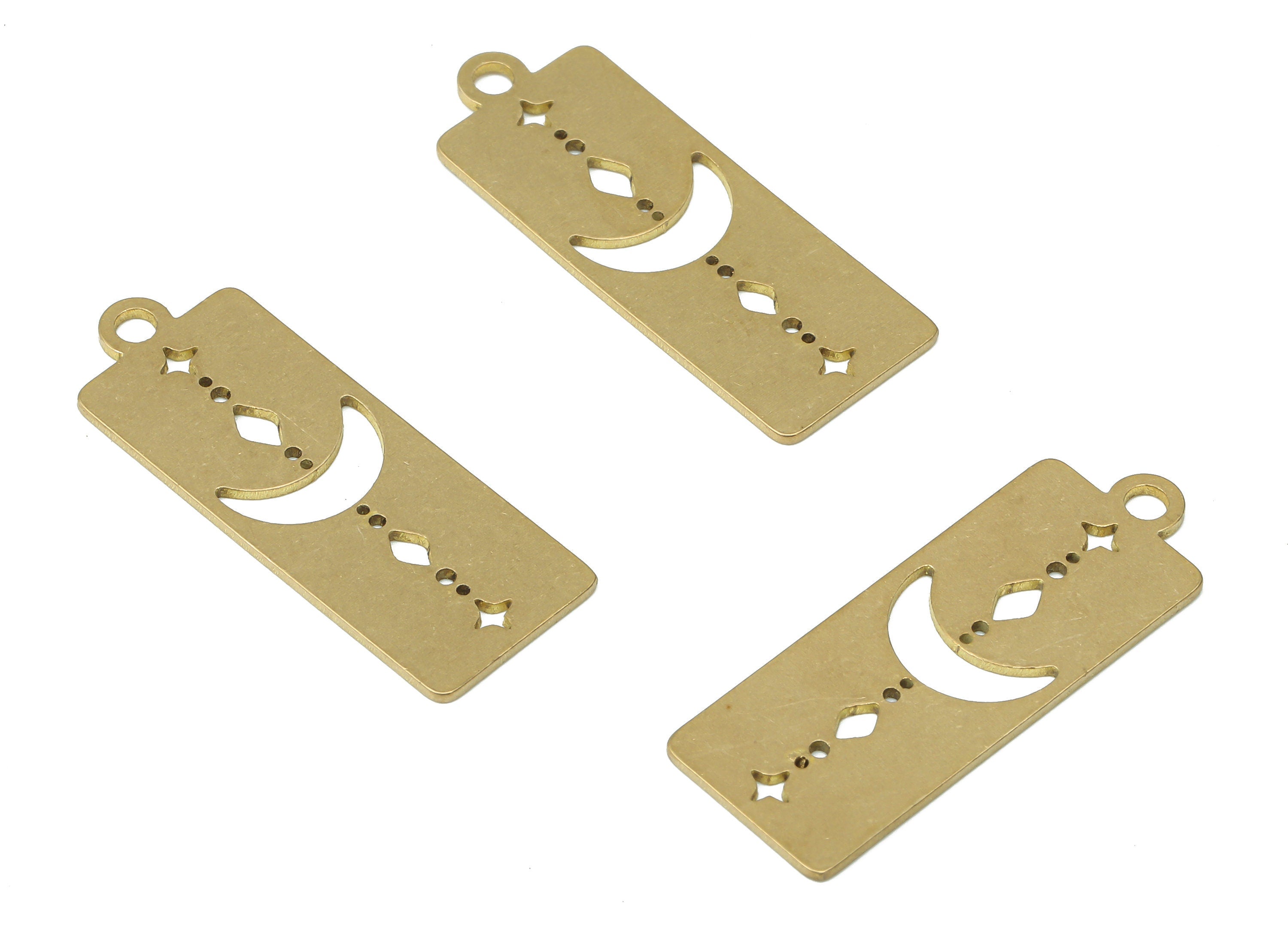 Brass Rectangle Bar Crescent Plant Diamond Moon Earring Charms - Raw Brass Moon Star Pendant - Jewelry Supplies - 29.77x11x0.67mm - PPA3997 - DOMEDBAZAAR