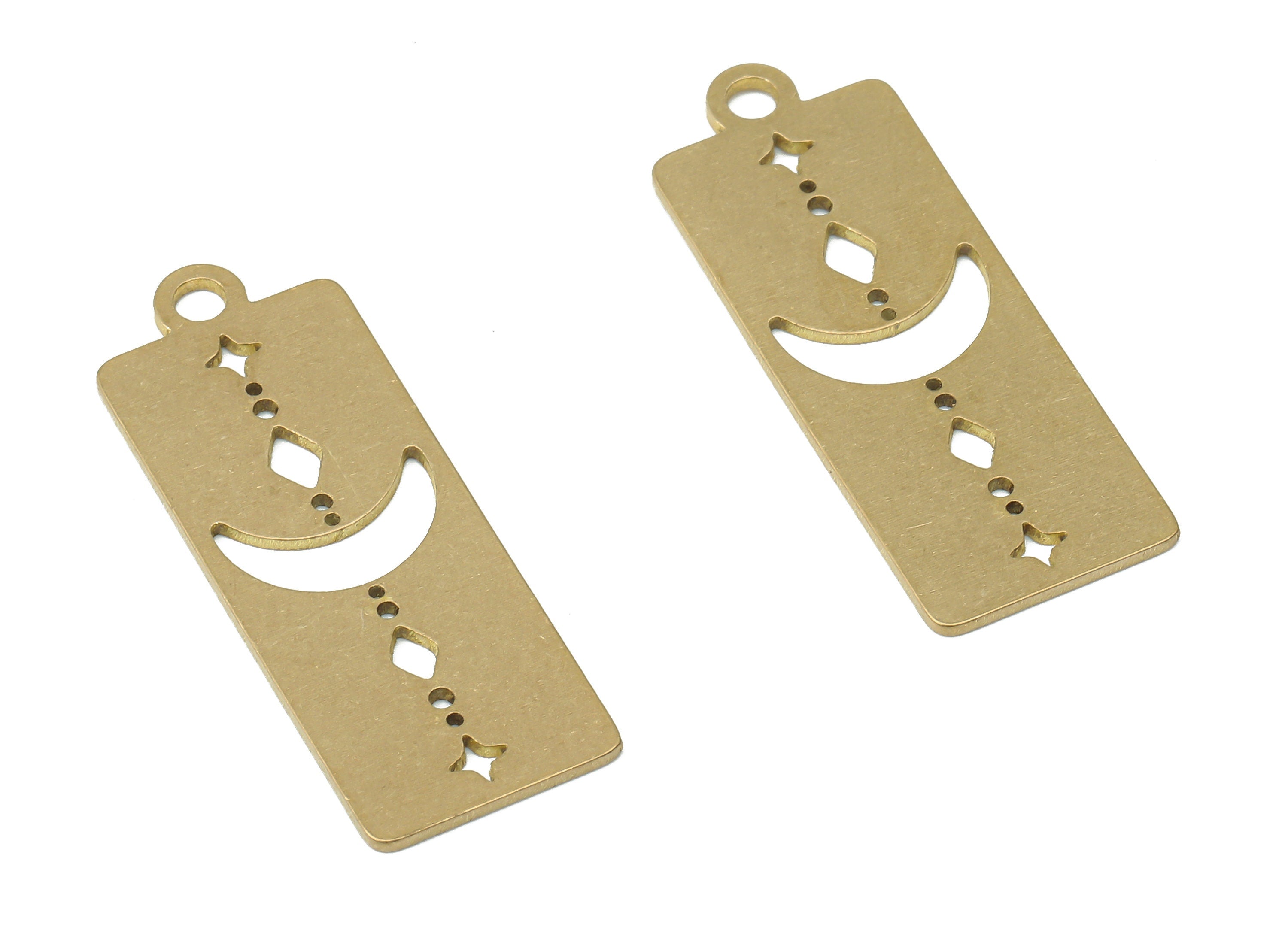 Brass Rectangle Bar Crescent Plant Diamond Moon Earring Charms - Raw Brass Moon Star Pendant - Jewelry Supplies - 29.77x11x0.67mm - PPA3997 - DOMEDBAZAAR