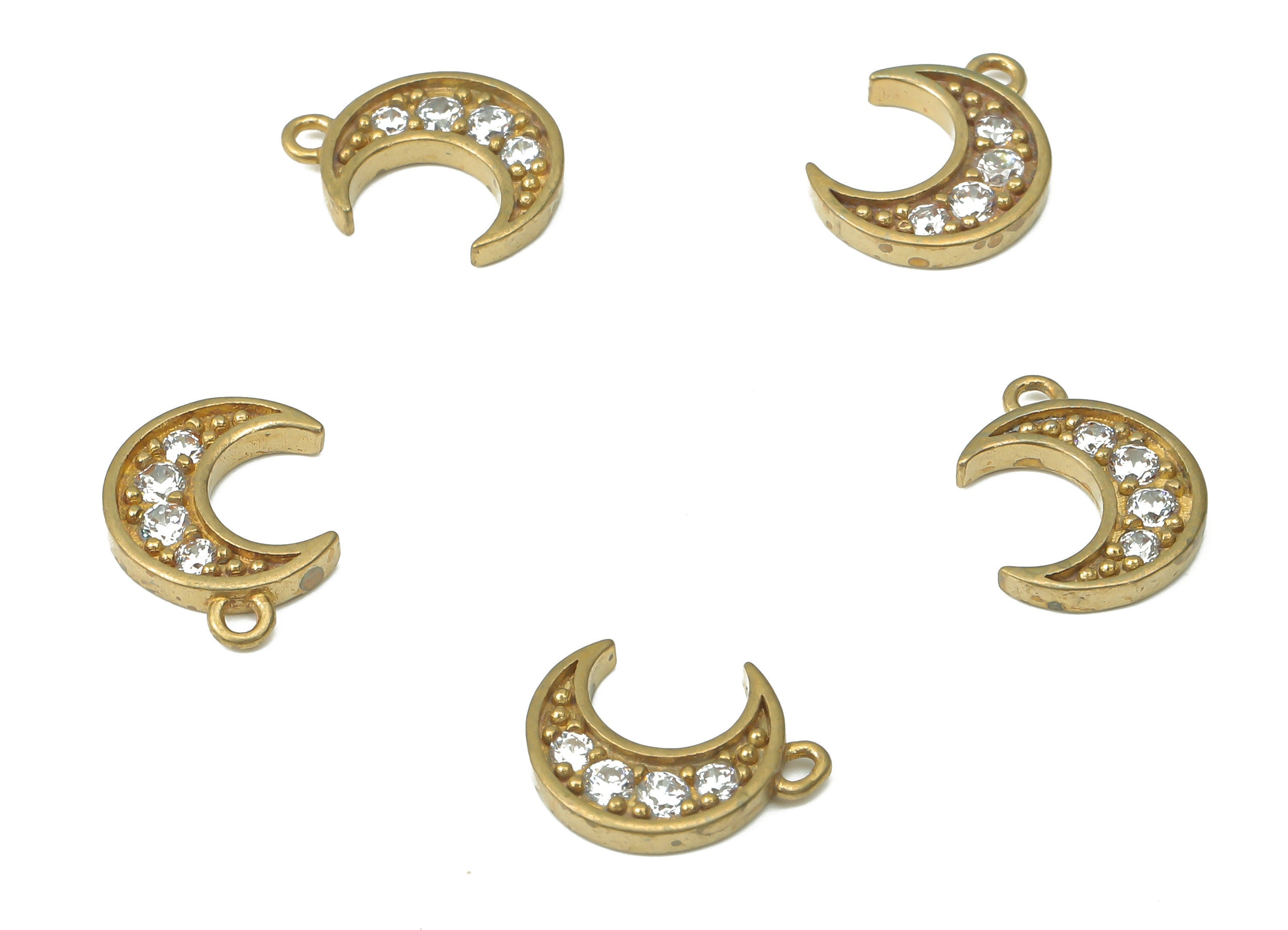 Brass Crescent Earring Charms with Zircons - Raw Brass Moon Pendant - Earring Charms for Jewelry Making - 11.72x8.9x1.63mm - PP7457 - DOMEDBAZAAR