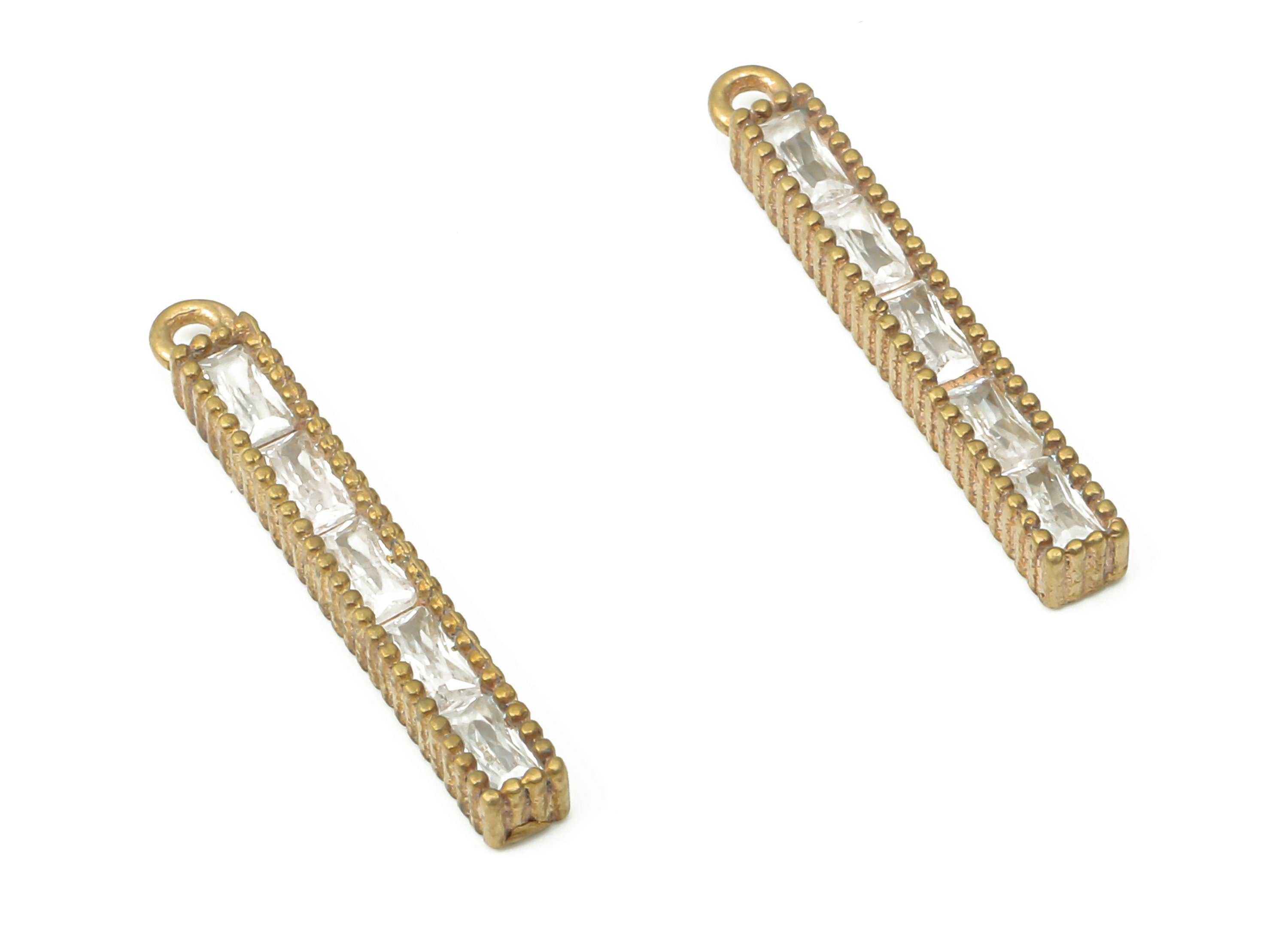 Brass Rectangle Stick Earring Charms with Zircons - Raw Brass Stick Bar Pendant - Earring Charms for Jewelry Making - 18.4x2.5x2.2mm- PP7435 - DOMEDBAZAAR