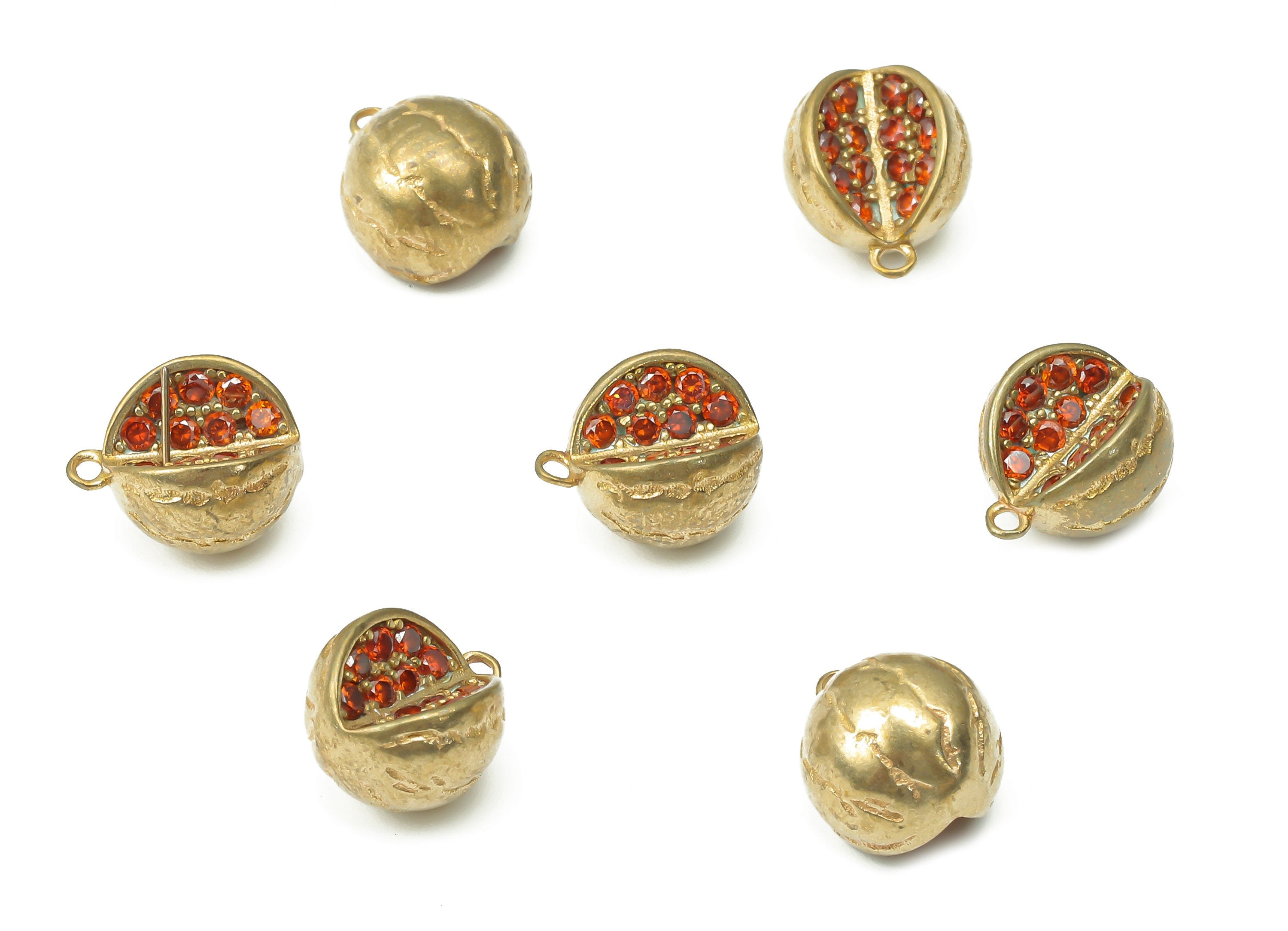 Brass Quarter Pomegranate Earring Charms with Zircons - Raw Brass Three Quarter Pendant - Jewelry Making Supplies - 10.56x8.9x7.7mm - PP7448 - DOMEDBAZAAR