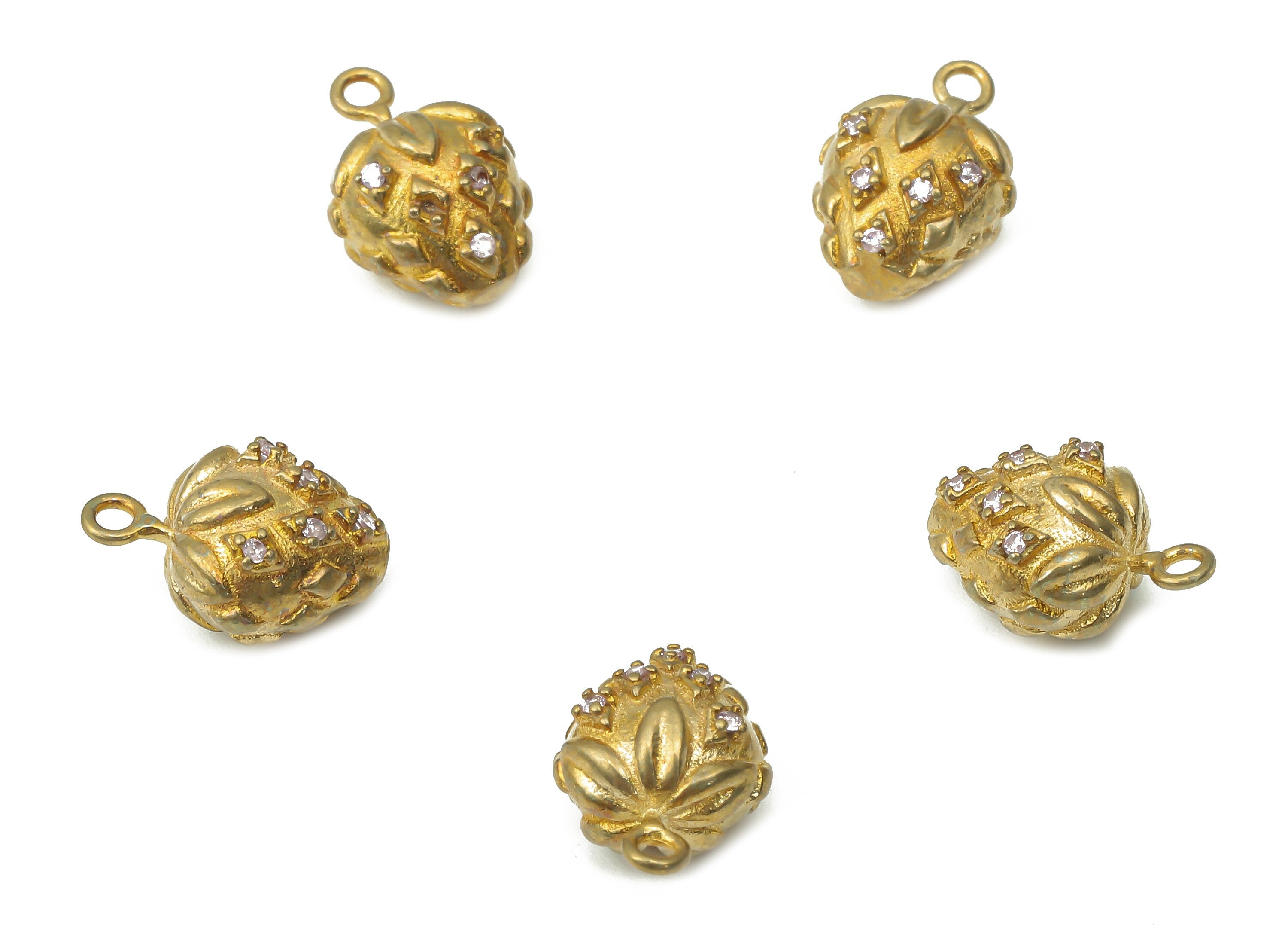 Brass Strawberry Earring Charms with Zircons - Raw Brass Strawberry Pendant - Earring Charms for Jewelry Making - 12.07x8.32x8.32mm - PP7458 - DOMEDBAZAAR