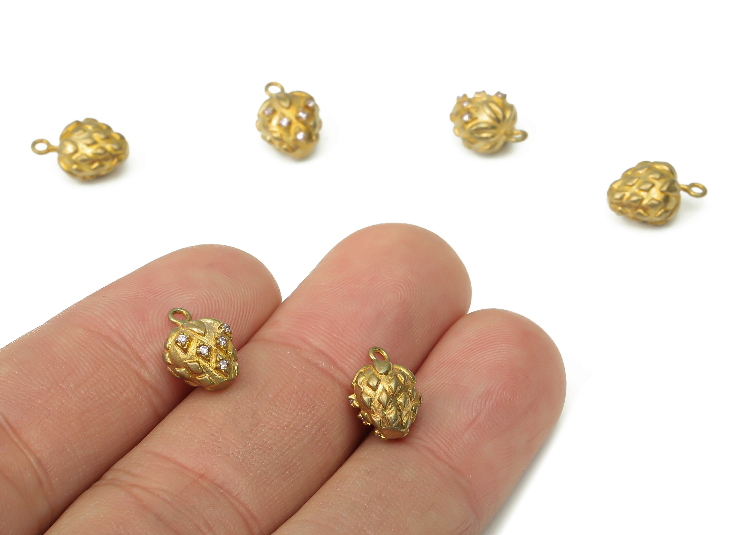 Brass Strawberry Earring Charms with Zircons - Raw Brass Strawberry Pendant - Earring Charms for Jewelry Making - 12.07x8.32x8.32mm - PP7458 - DOMEDBAZAAR