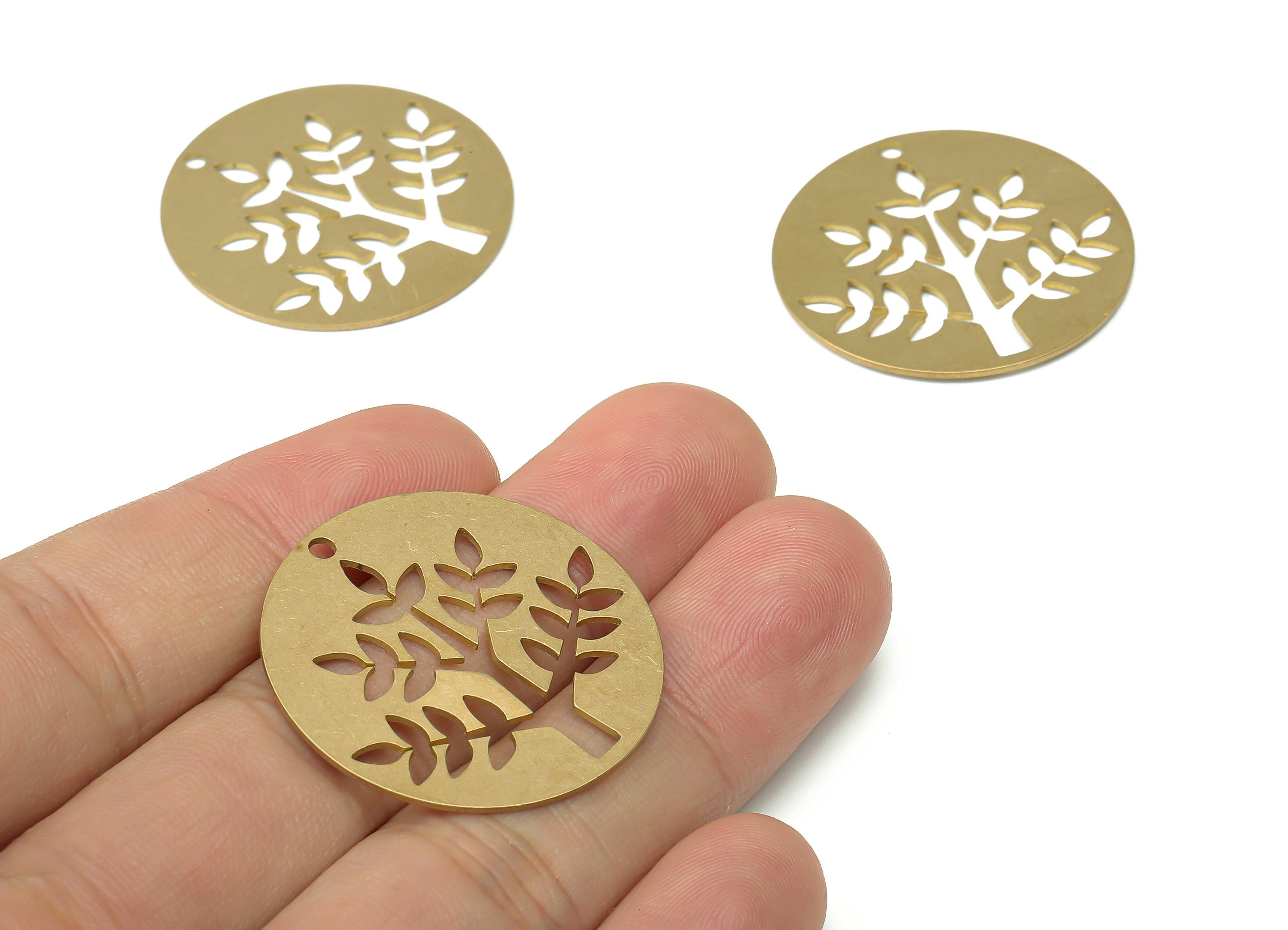 Brass Round Botanical Leaves Tree Earring Charms - Raw Brass Leaf Tree Pendant - Jewelry Making Supplies - 31.74x31.74x0.68mm - PPA3797 - DOMEDBAZAAR