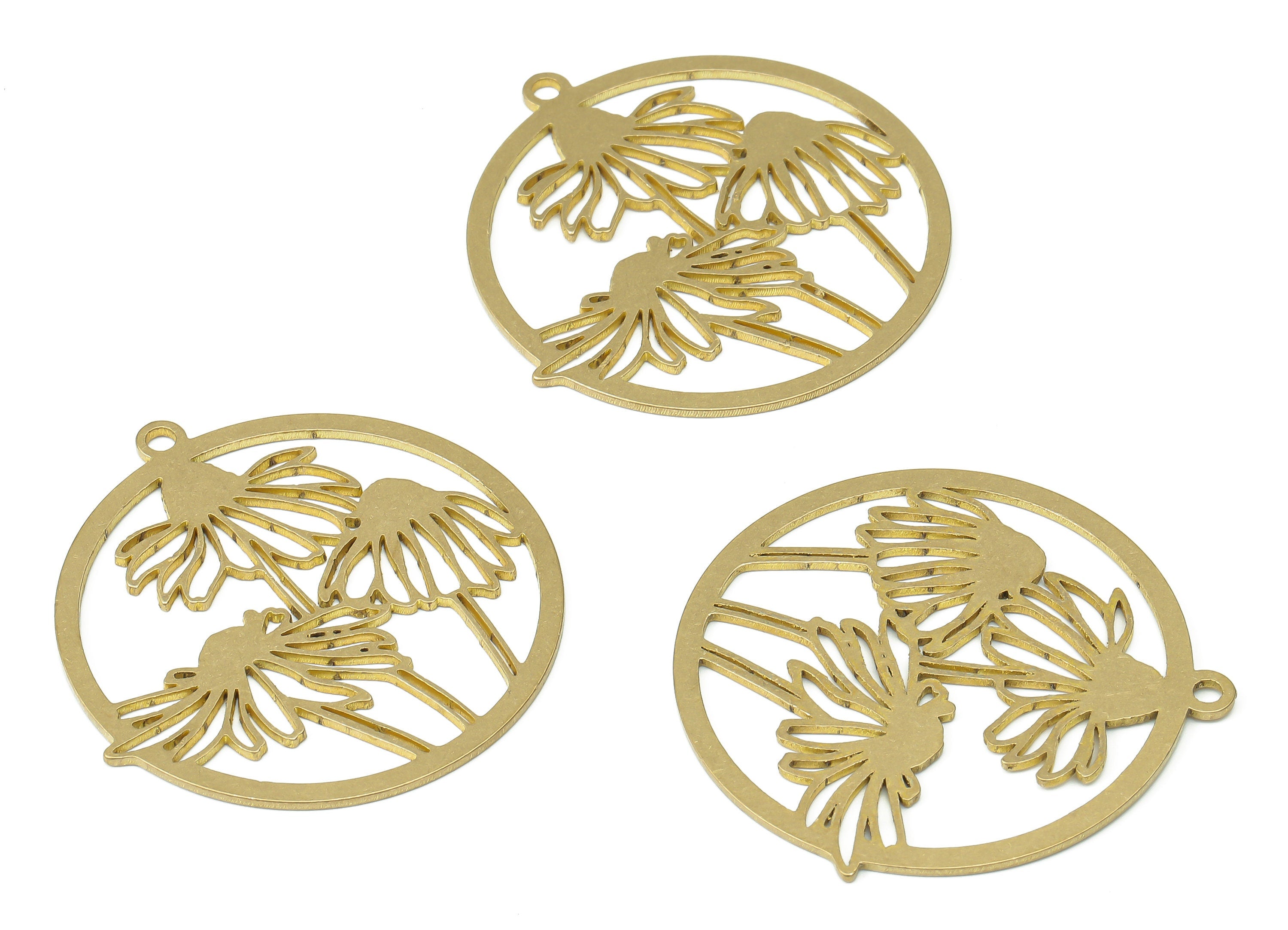 Brass Round Botanical Flowers Daisy Earring Charms - Raw Brass Leaves Circle Pendant - Jewelry Making Supplies - 38.82x35.8x0.86mm - PPA3887 - DOMEDBAZAAR