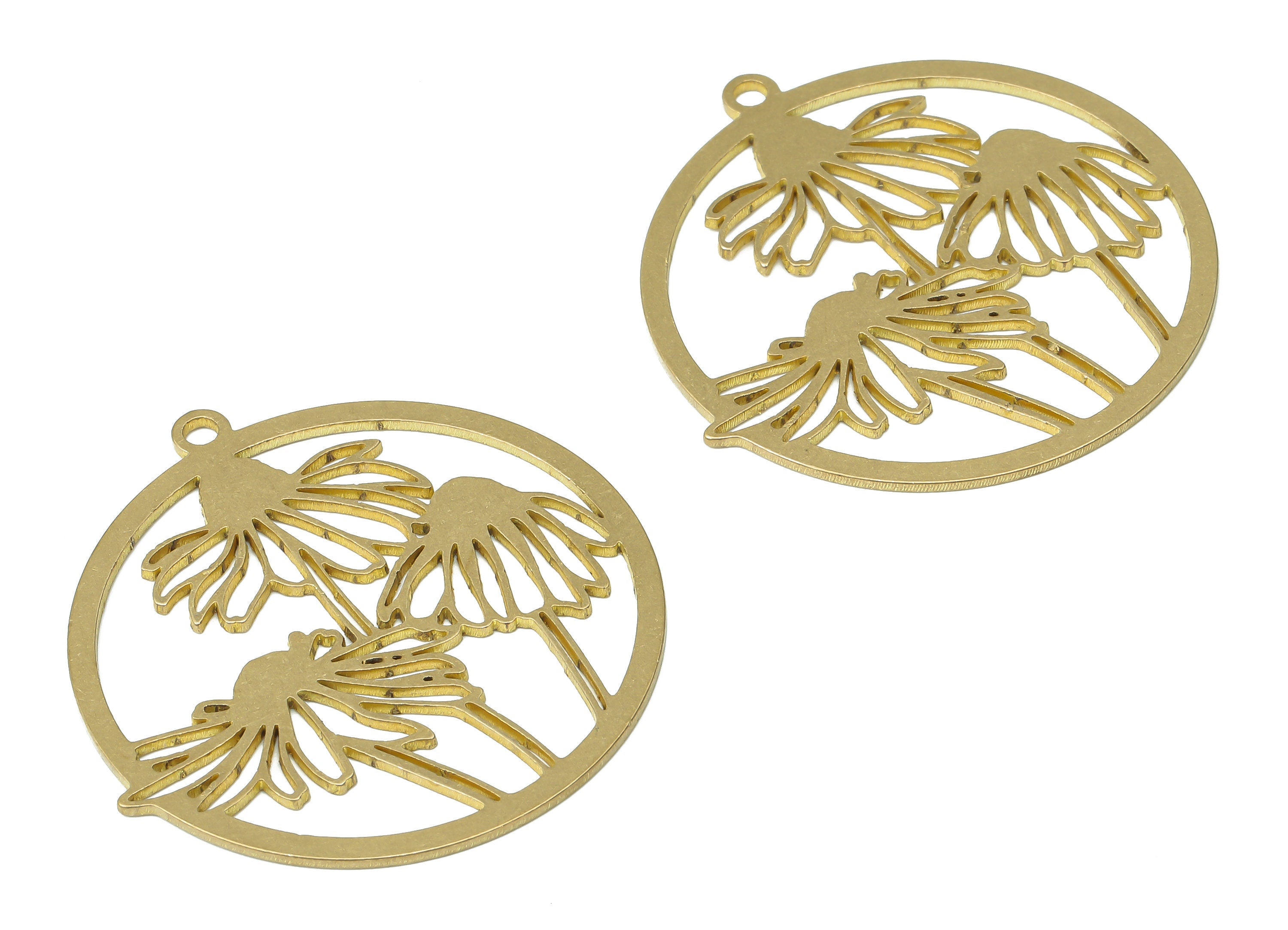 Brass Round Botanical Flowers Daisy Earring Charms - Raw Brass Leaves Circle Pendant - Jewelry Making Supplies - 38.82x35.8x0.86mm - PPA3887 - DOMEDBAZAAR