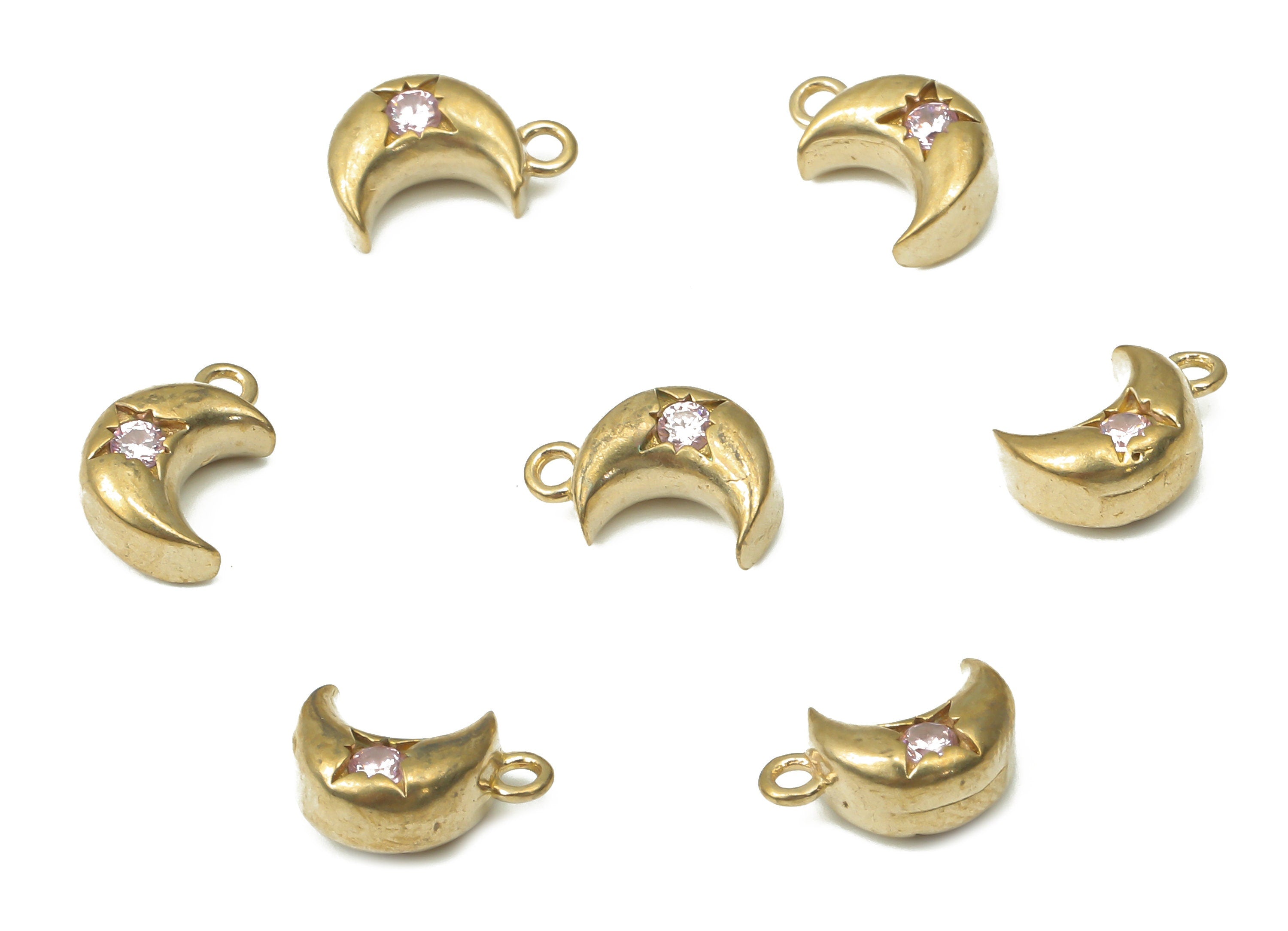 Brass Crescent Bracelet Charms with Zircons - Raw Brass Moon Pendant - Earring Charms for Jewelry Making - 9.53x6.42x3.95mm - PP7450 - DOMEDBAZAAR