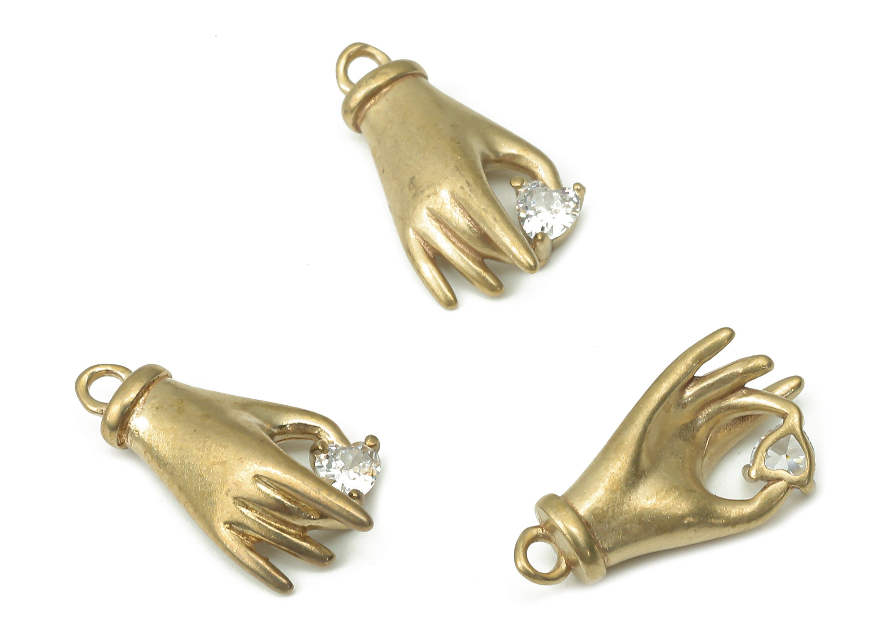 Brass Hand Heart Earring Charms with Zircon - Raw Brass Hand Figure Pendant - Earring Charms for Jewelry Making - 16.95x8.53x3.6mm - PP7446 - DOMEDBAZAAR