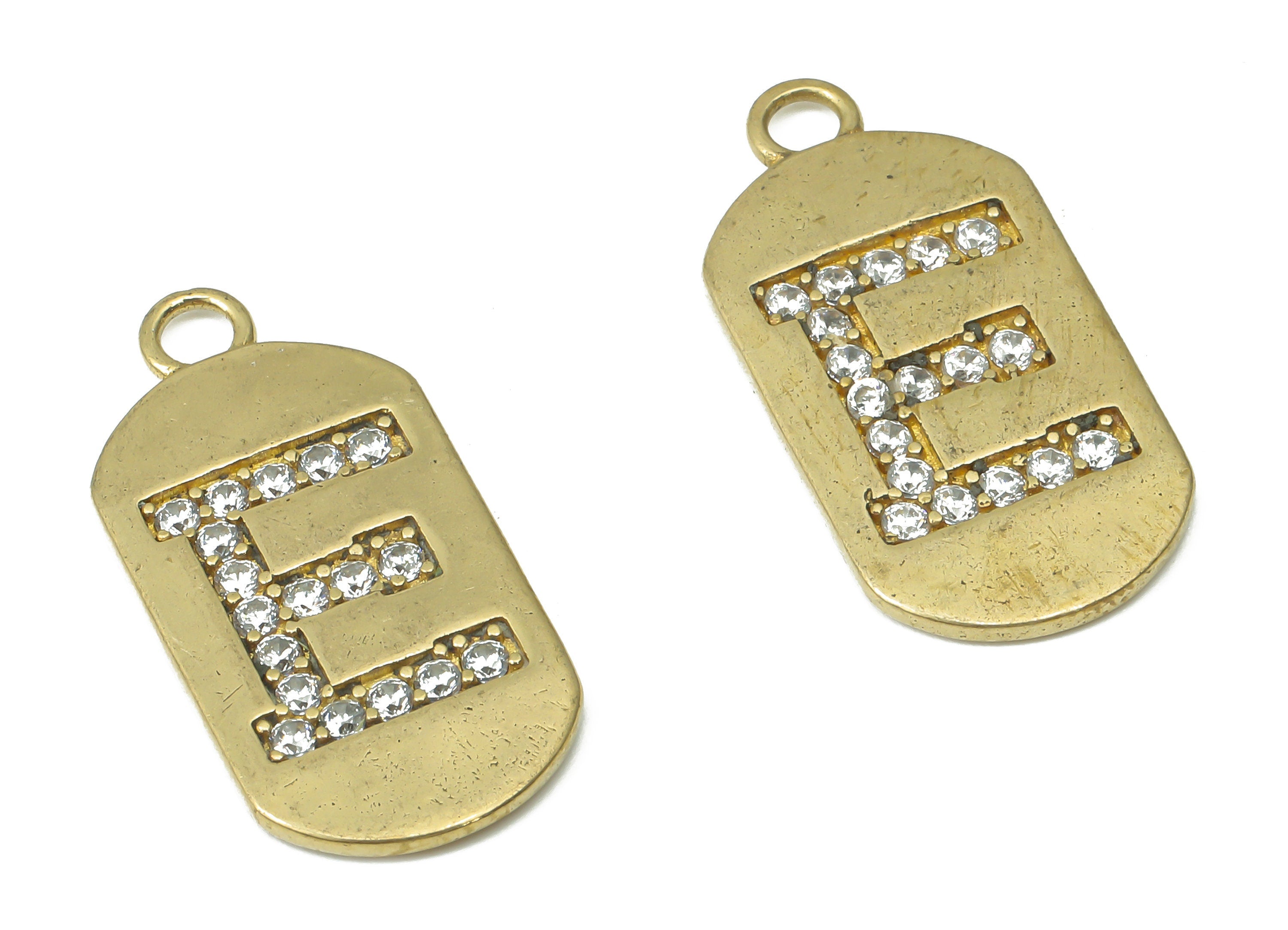 Brass Long Oval Letter E Earring Charms with Zircons - Raw Brass Initial E Pendant - Jewelry Making Supplies - 23.45x11.2x1.57mm - PP7442E - DOMEDBAZAAR