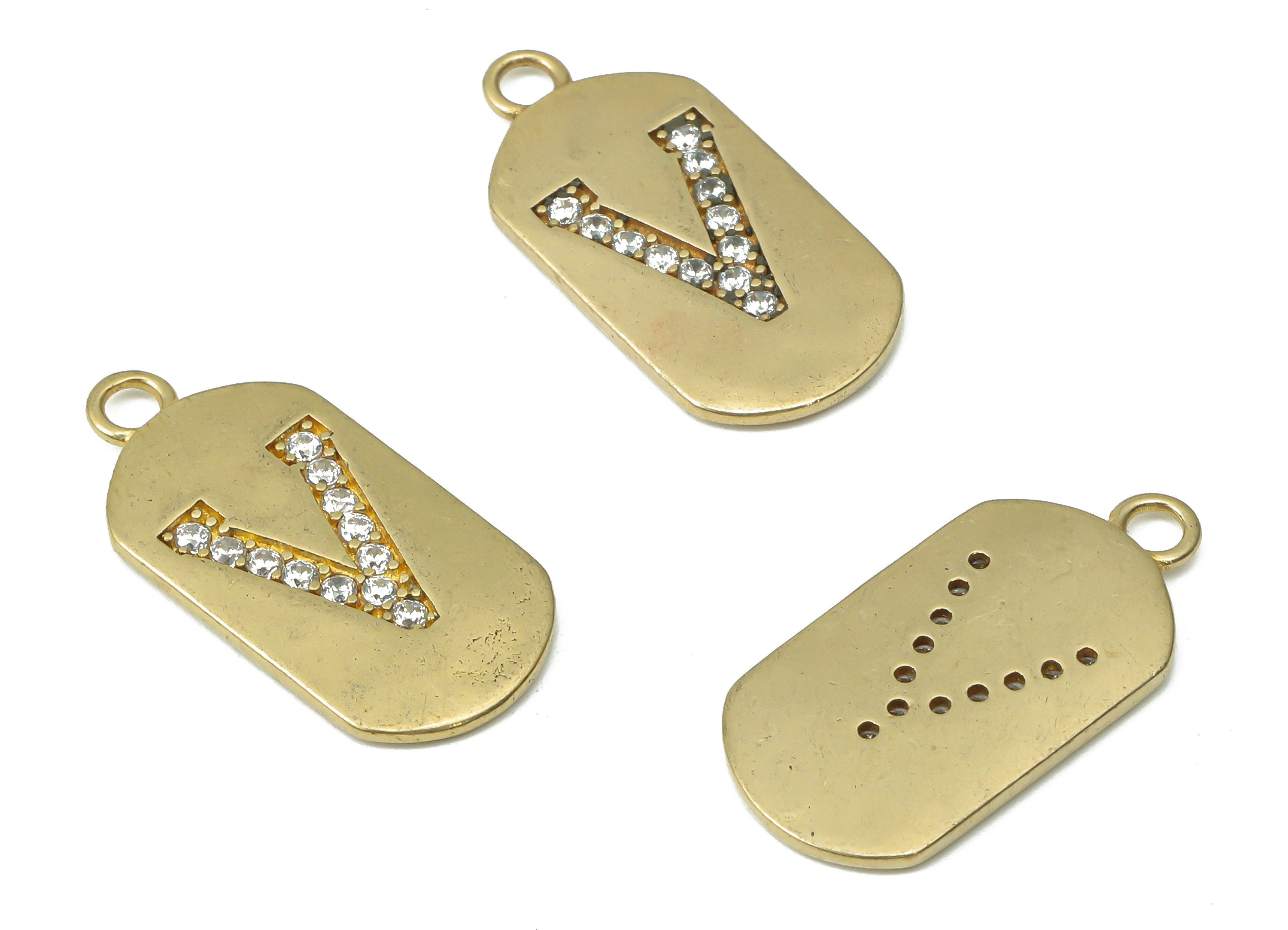 Brass Long Oval Letter V Earring Charms with Zircons - Raw Brass Initial V Pendant - Jewelry Making Supplies - 23.45x11.2x1.57mm - PP7442V - DOMEDBAZAAR