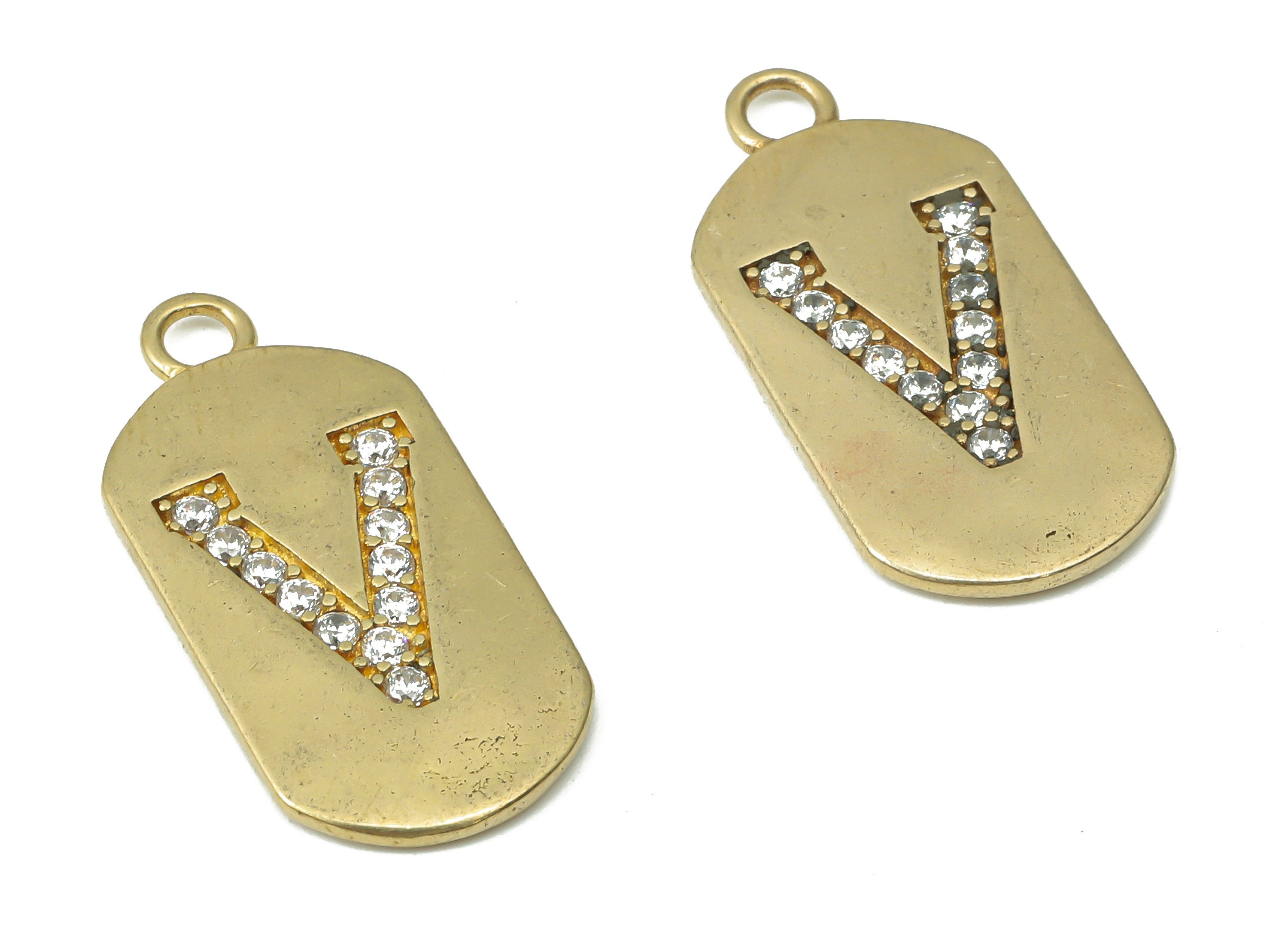 Brass Long Oval Letter V Earring Charms with Zircons - Raw Brass Initial V Pendant - Jewelry Making Supplies - 23.45x11.2x1.57mm - PP7442V - DOMEDBAZAAR