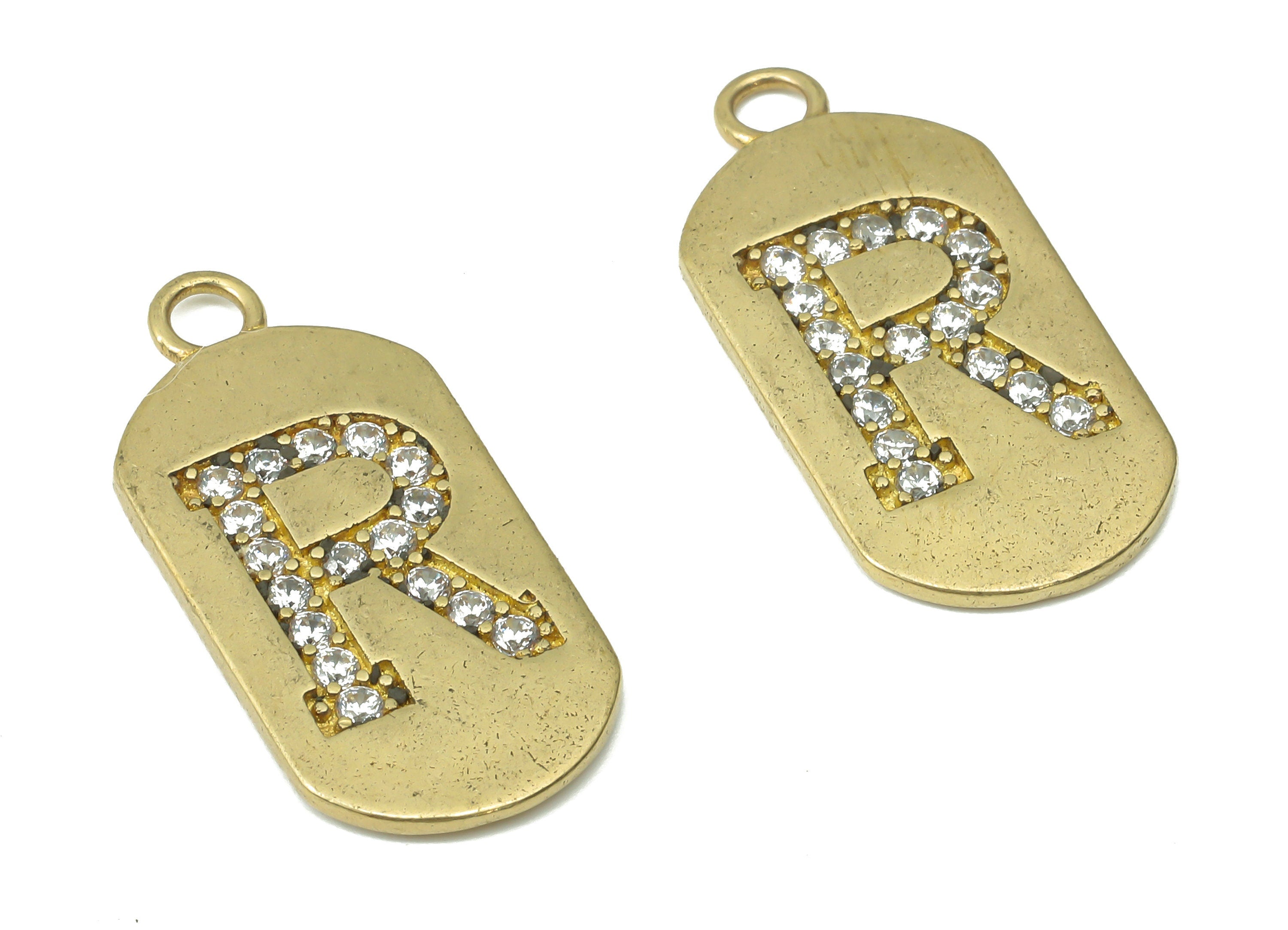 Brass Long Oval Letter R Earring Charms with Zircons - Raw Brass Initial R Pendant - Jewelry Making Supplies - 23.45x11.2x1.57mm - PP7442R - DOMEDBAZAAR