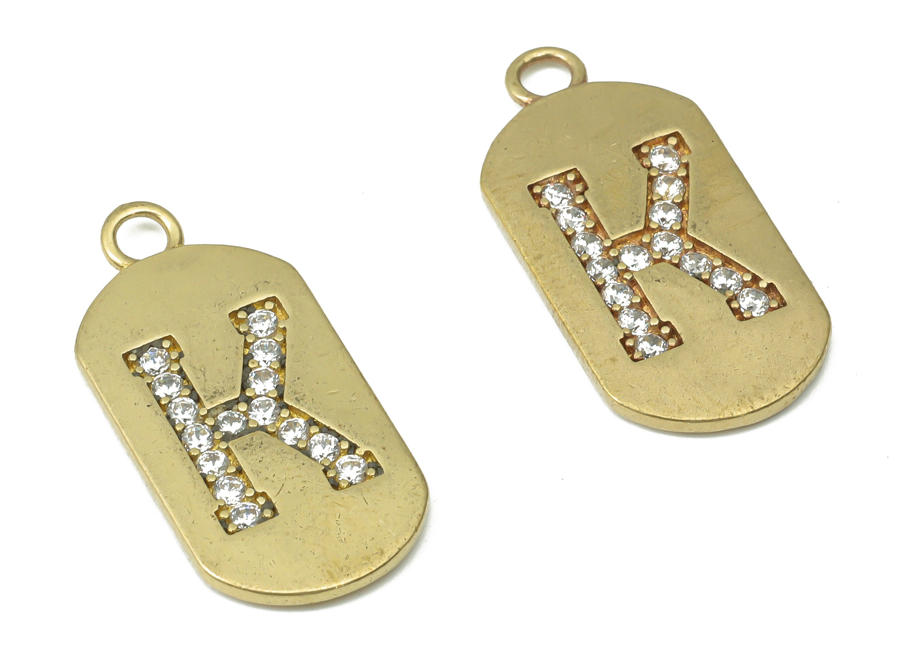 Brass Long Oval Letter K Earring Charms with Zircons - Raw Brass Initial K Pendant - Jewelry Making Supplies - 23.45x11.2x1.57mm - PP7442K - DOMEDBAZAAR
