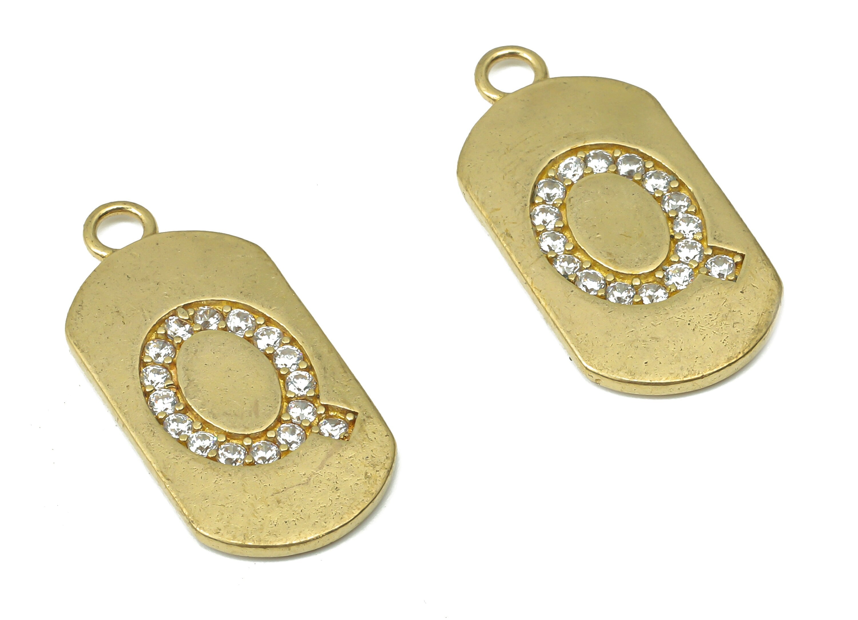 Brass Long Oval Letter Q Earring Charms with Zircons - Raw Brass Initial Q Pendant - Jewelry Making Supplies - 23.45x11.2x1.57mm - PP7442Q - DOMEDBAZAAR