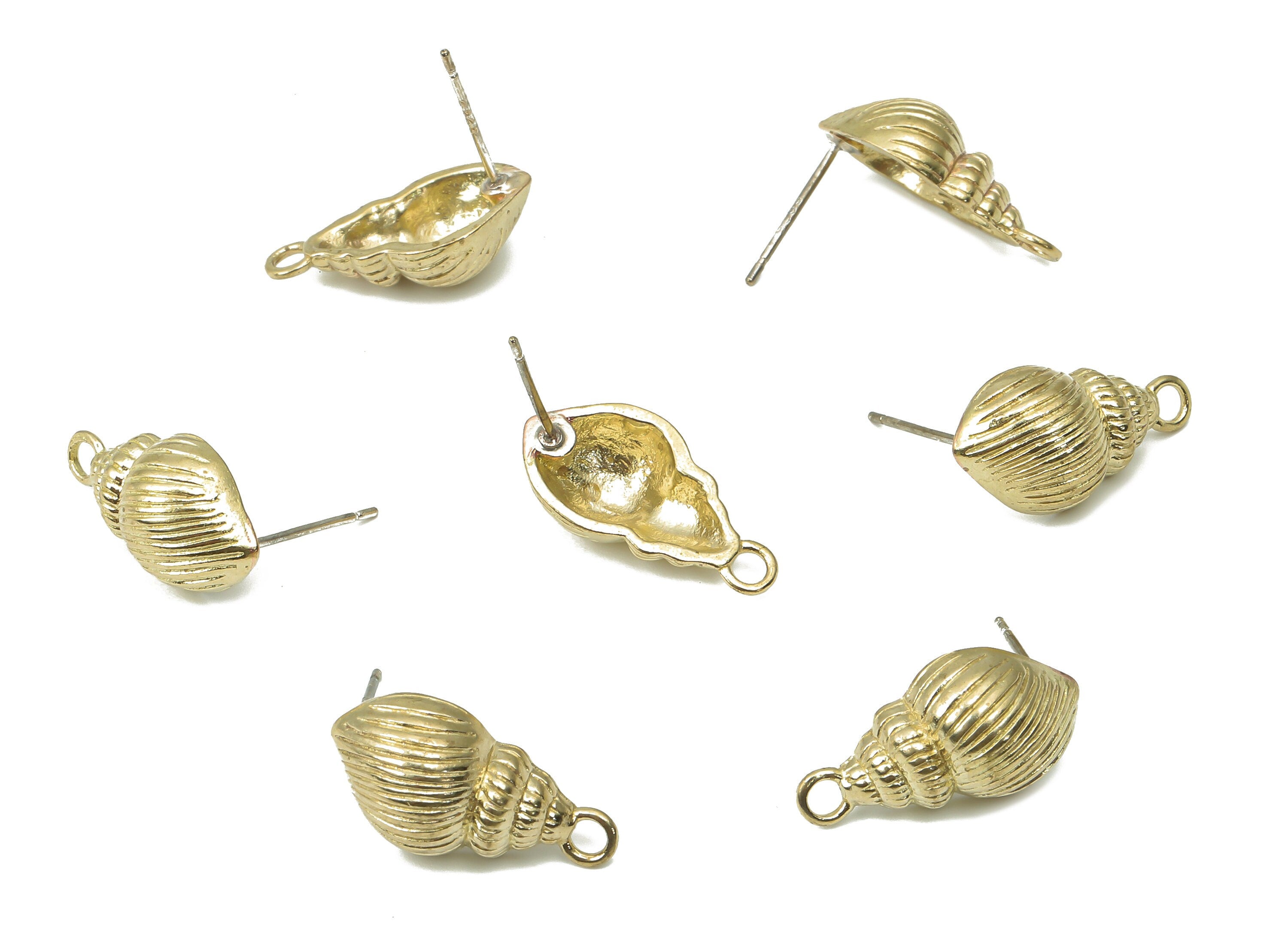 Brass Whelk Seashell Earring Stud - Raw Brass Conch Earring Post - Imitation Silver Stud - Jewelry Supplies - 19.26x9.94x1.24mm - PP7412 - DOMEDBAZAAR