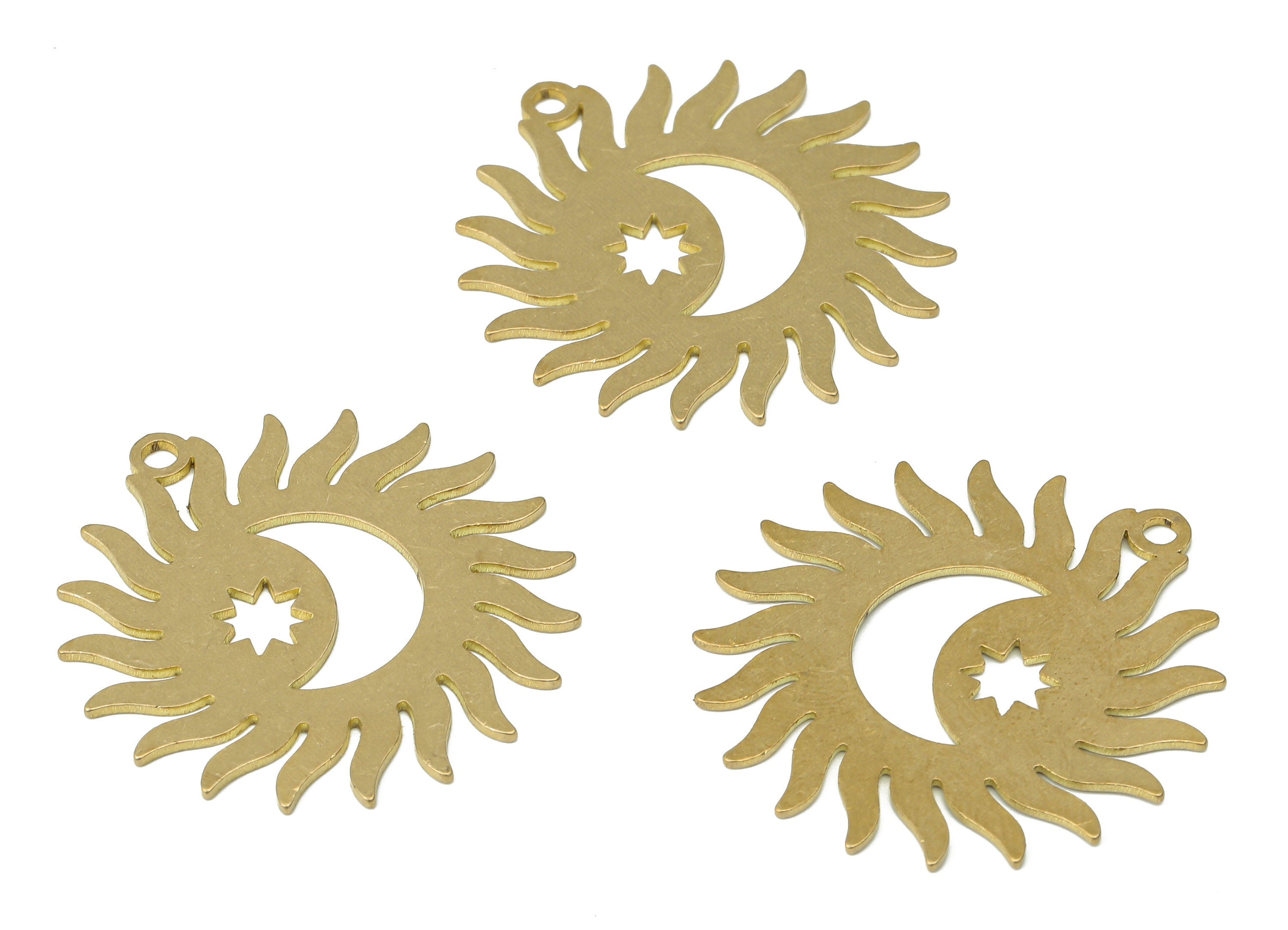 Brass Sun Crescent Plant Earring Charms - Raw Brass Star Moon Sun Pendant - DIY Jewelry Making Supplies - 31.82x30.22x0.76mm - PPA3996 - DOMEDBAZAAR