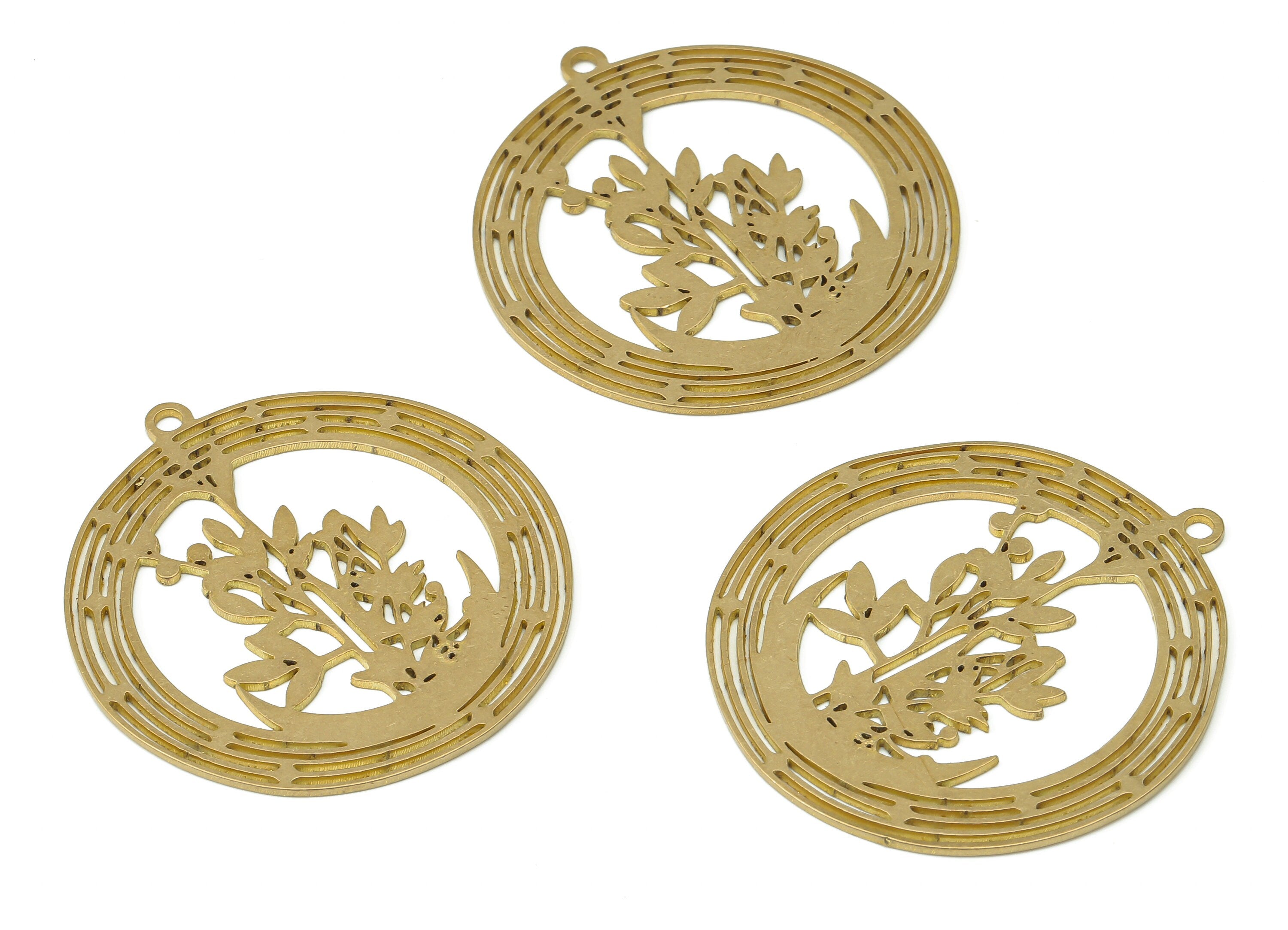 Brass Round Botanical Flowers Earring Charms - Raw Brass Leaves Circle Pendant - Jewelry Making Supplies - 41.76x38.24x0.86mm - PPA3637 - DOMEDBAZAAR