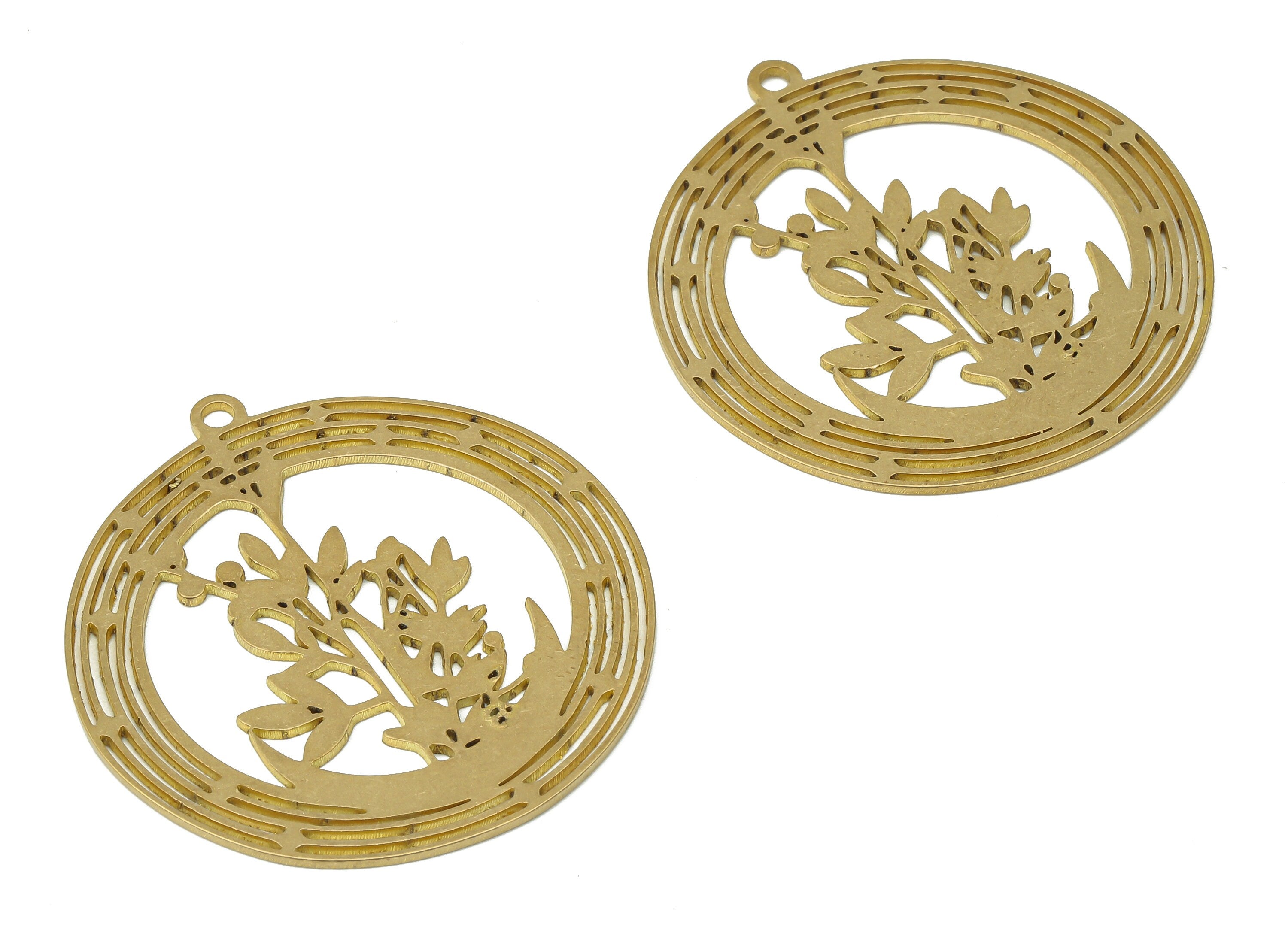 Brass Round Botanical Flowers Earring Charms - Raw Brass Leaves Circle Pendant - Jewelry Making Supplies - 41.76x38.24x0.86mm - PPA3637 - DOMEDBAZAAR