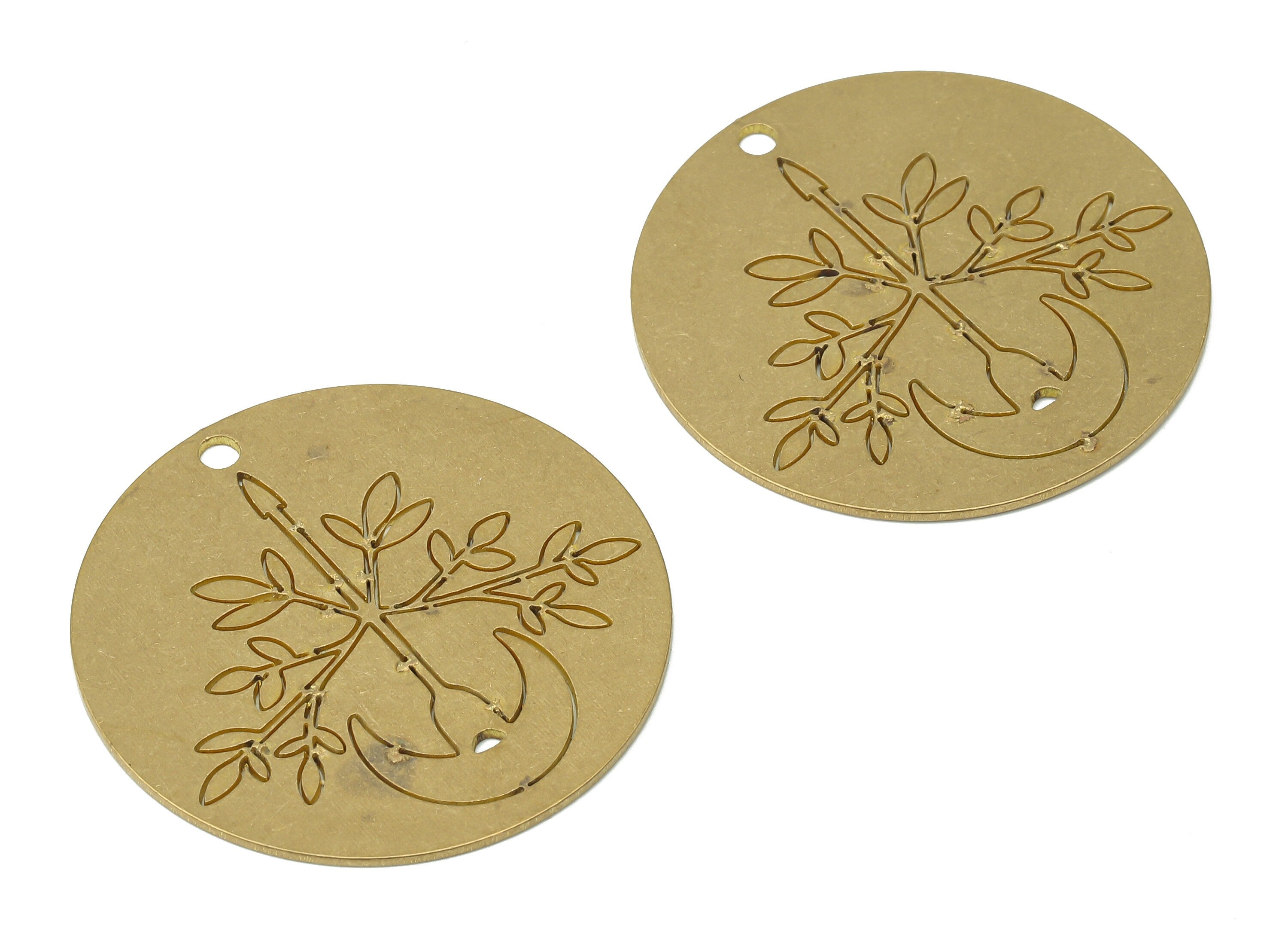 Brass Round Botanical Leaves Arrow Crescent Earring Charms - Raw Brass Branch Leaf Moon Pendant - Jewelry Making - 31.9x31.9x0.7mm - PPA3764 - DOMEDBAZAAR
