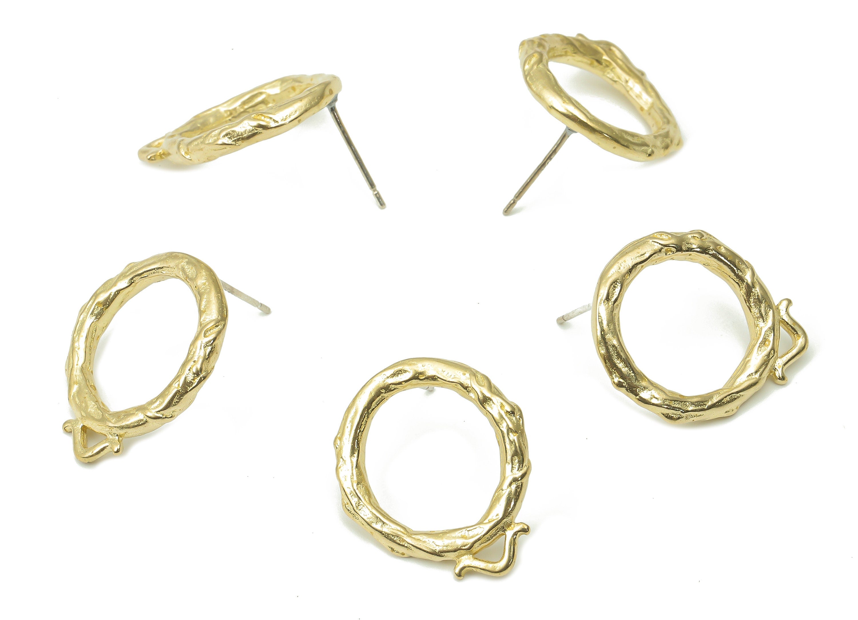 Brass Hammered Round Hoop Earring Stud - Raw Brass Circle Hoop Post - Imitation Silver Stud - Jewelry Supplies - 22.37x18.3x2.7mm - PP7419 - DOMEDBAZAAR