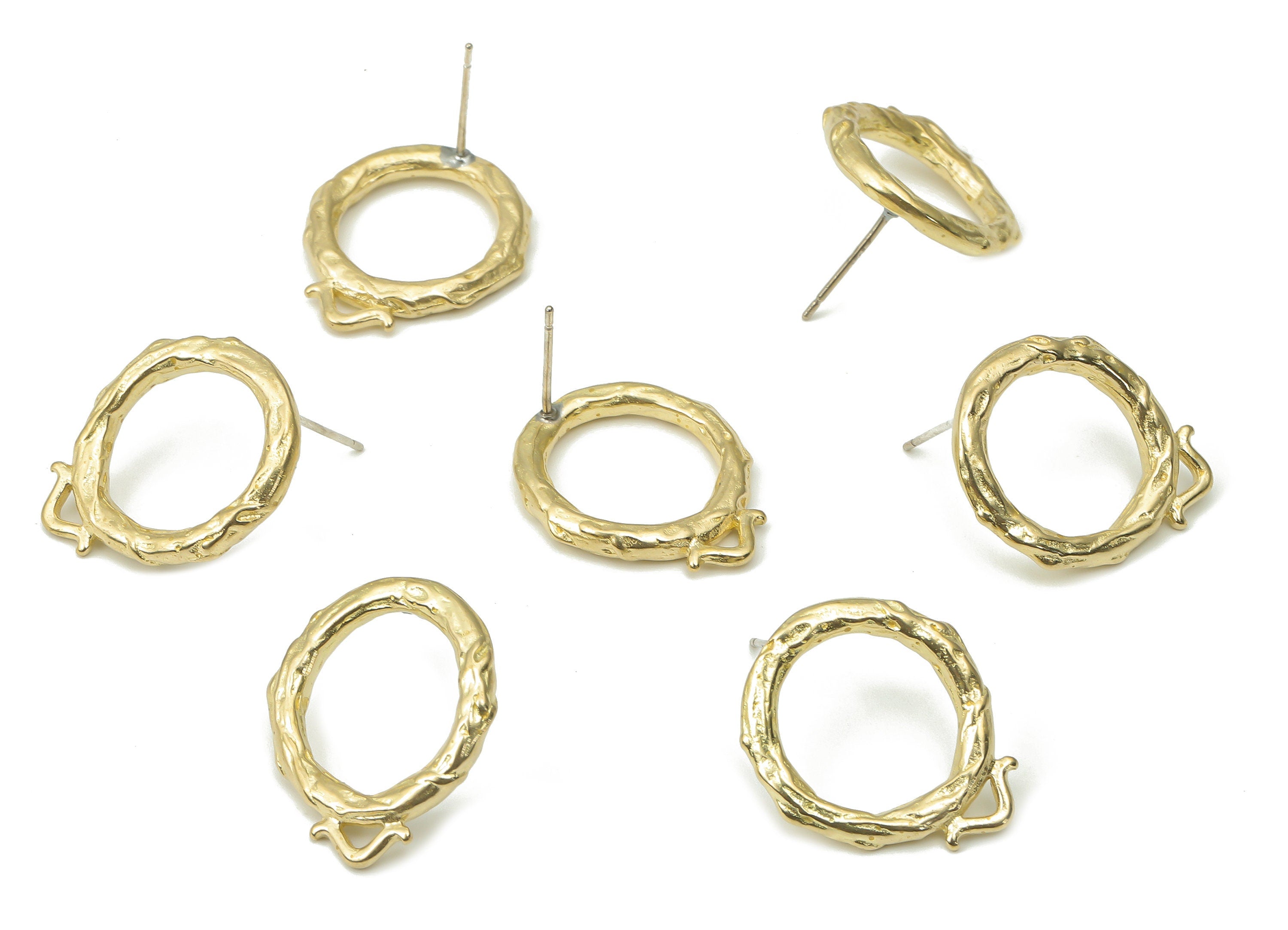 Brass Hammered Round Hoop Earring Stud - Raw Brass Circle Hoop Post - Imitation Silver Stud - Jewelry Supplies - 22.37x18.3x2.7mm - PP7419 - DOMEDBAZAAR