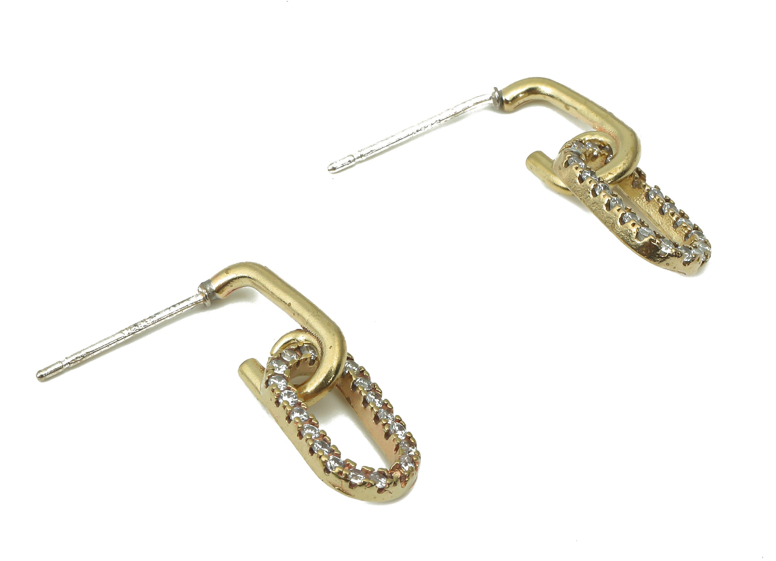 Brass Oval Cable Chain Earring Stud with Zircons - Raw Brass C Hoop Earring Post - Imitation Silver Stud - 20.68x7.12x1.54mm - PP7421 - DOMEDBAZAAR