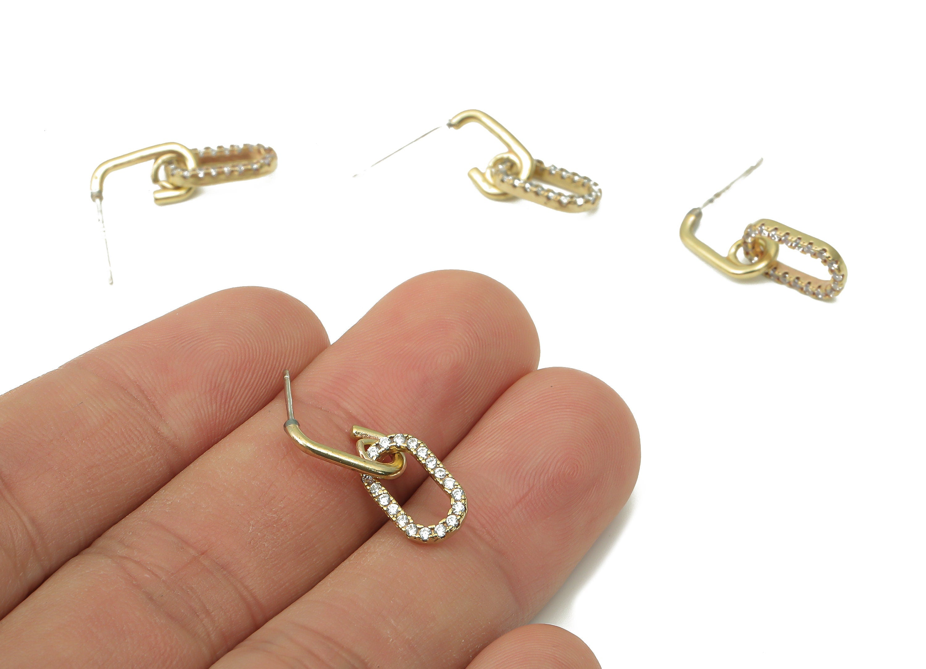 Brass Oval Cable Chain Earring Stud with Zircons - Raw Brass C Hoop Earring Post - Imitation Silver Stud - 20.68x7.12x1.54mm - PP7421 - DOMEDBAZAAR