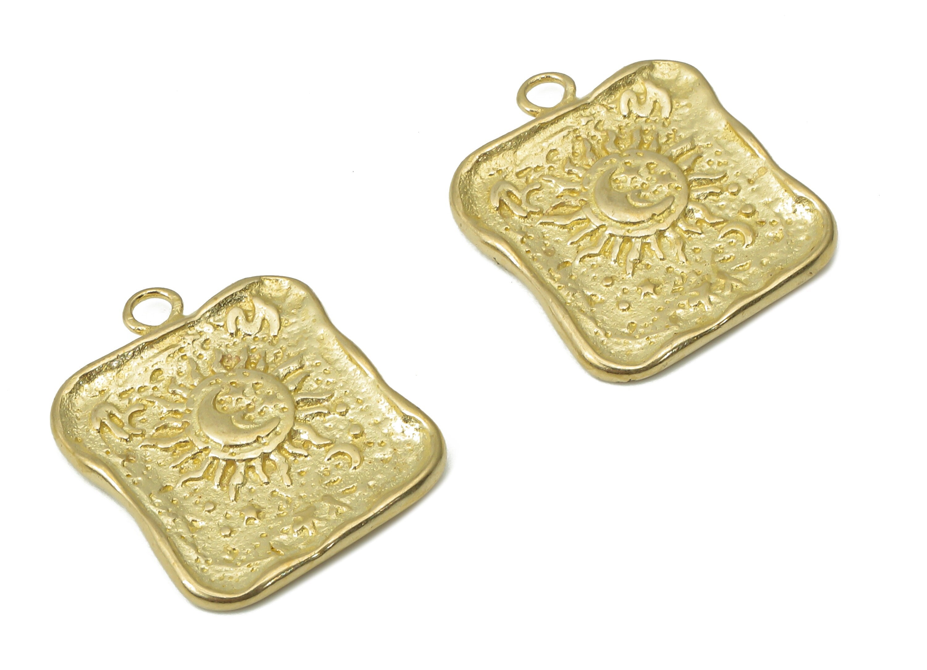 Brass Hammered Square Sun Crescent Earring Charms - Raw Brass Moon Star Pendant - Jewelry Making Supplies - 18.92x15.84x1.61mm - PP7425 - DOMEDBAZAAR