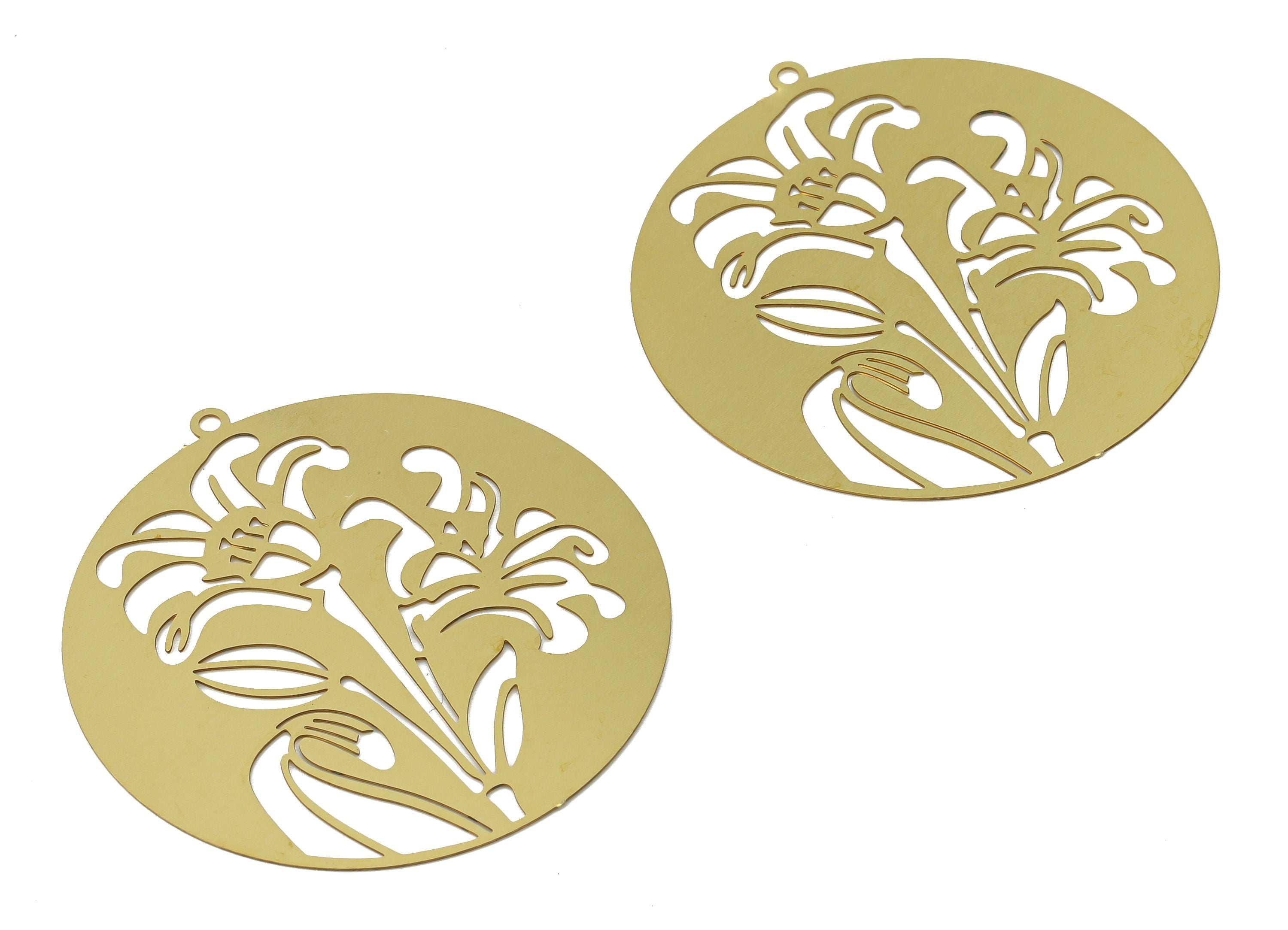 Brass Round Branch Botanical Flowers Earring Charms - Raw Brass Leaves Circle Pendant - Jewelry Making Supplies - 42.1x40x0.28mm - JJB7054 - DOMEDBAZAAR