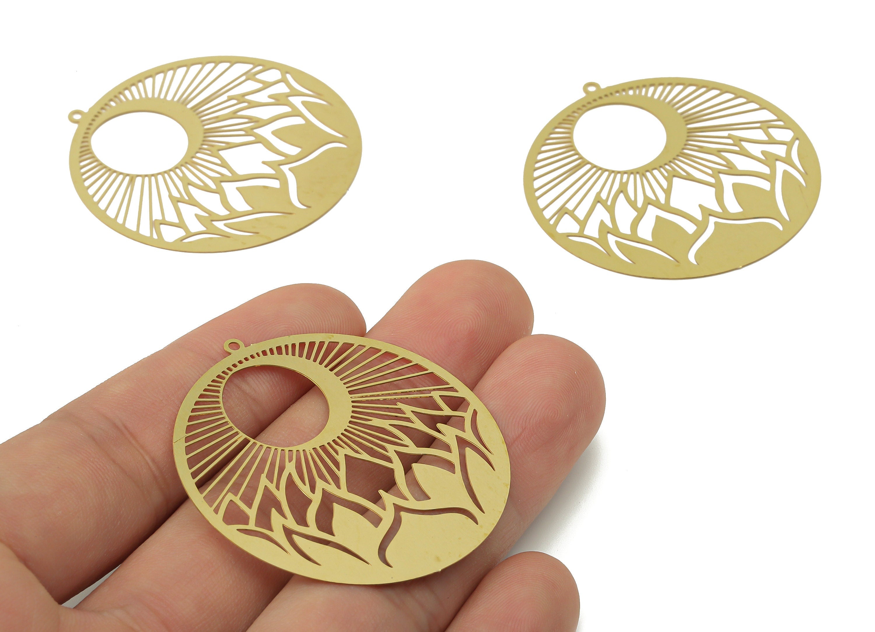 Brass Round Sun on Tree Earring Charms - Raw Brass Sun Leaf Circle Pendant - Jewelry Making Supplies - 44.84x42.63x0.24mm - JJB7051 - DOMEDBAZAAR