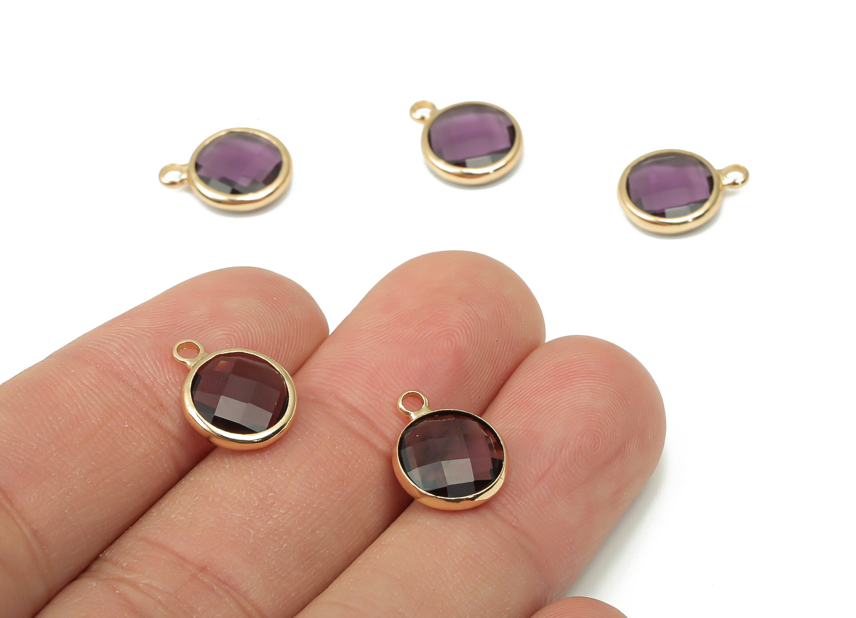 Glass Round Earring Charms with Loop - Purple Brass Circle Frame Pendant - Gold Tone Plated Brass - Faceted Glass - 14.1x10.6x3.8mm- GS1141H - DOMEDBAZAAR