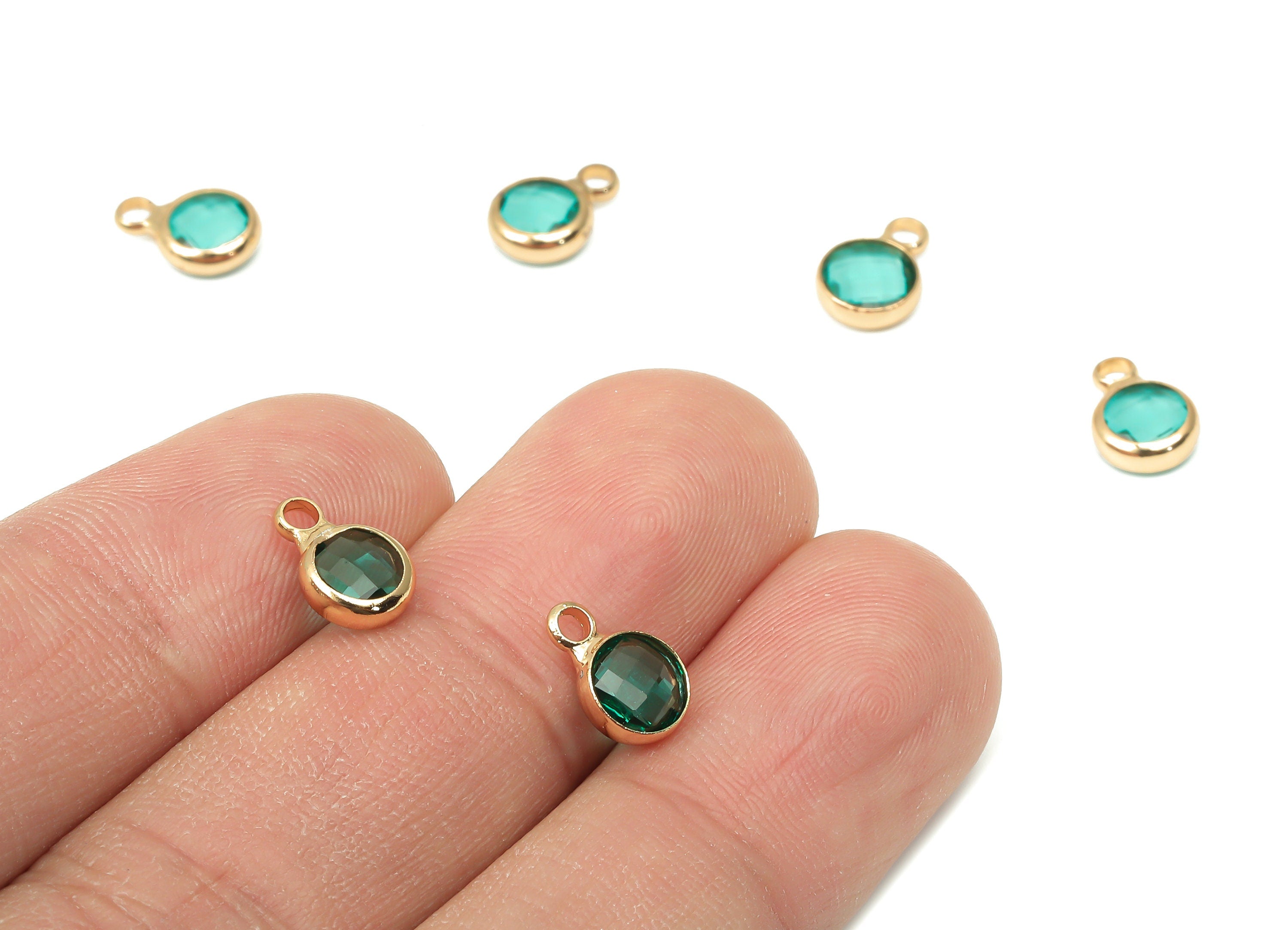 Glass Mini Round Earring Charms with Loop - Circle Bracelet Charm - Gold Tone Plated Brass - Faceted Green Glass - 9.6x6.53x2.57mm - GS1143E - DOMEDBAZAAR