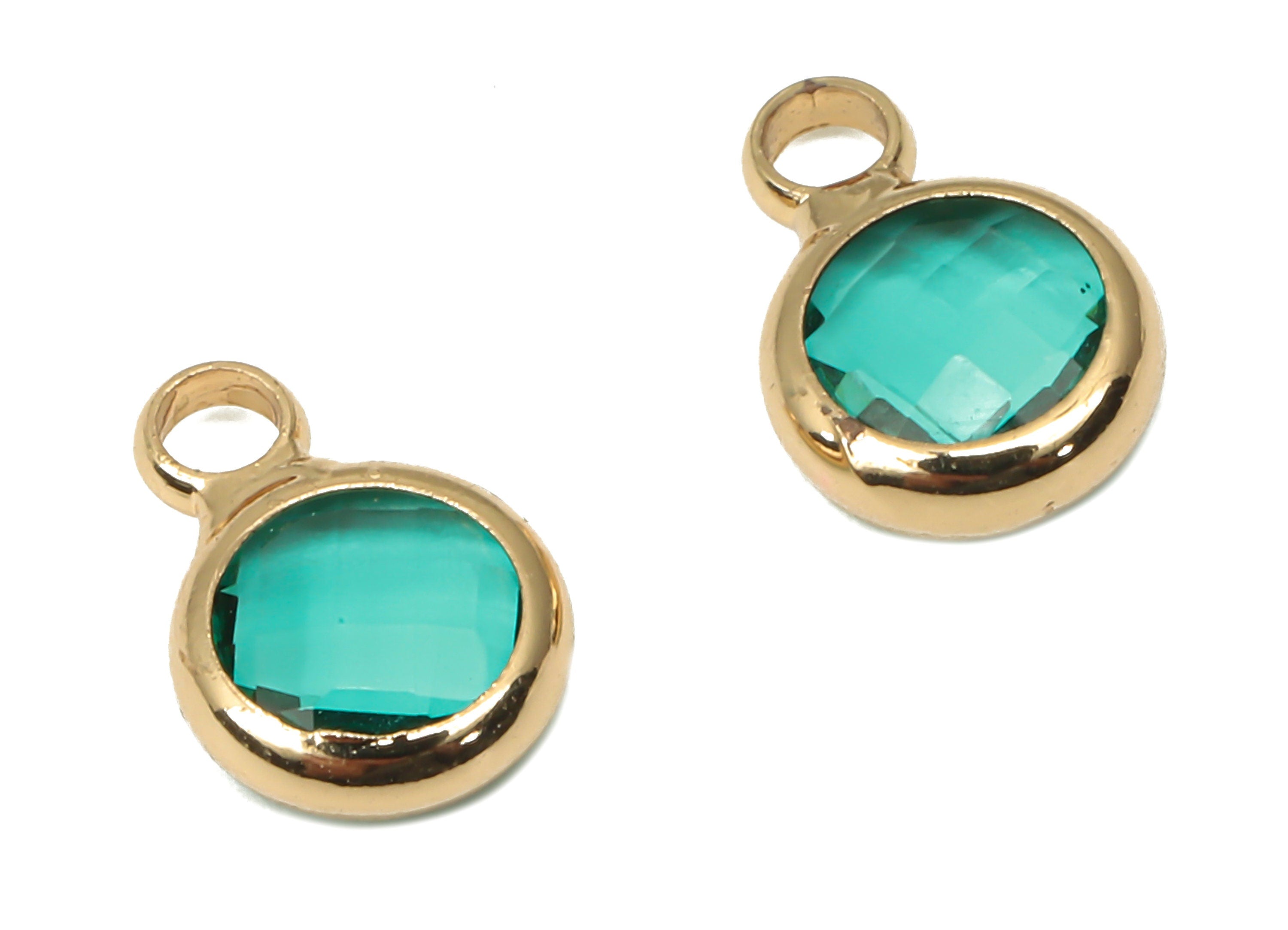 Glass Mini Round Earring Charms with Loop - Circle Bracelet Charm - Gold Tone Plated Brass - Faceted Green Glass - 9.6x6.53x2.57mm - GS1143E - DOMEDBAZAAR
