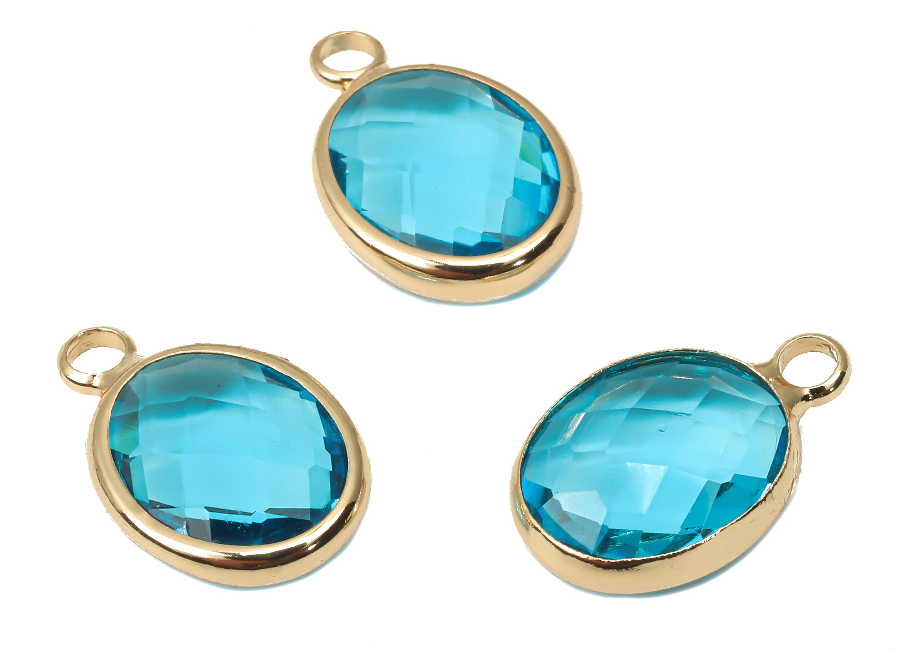 Glass Oval Earring Charms With Loop - Blue Brass Oval Frame Pendant - Gold Tone Plated Brass - Faceted Glass - 16.08x10.6x4.38mm - GS1145E - DOMEDBAZAAR
