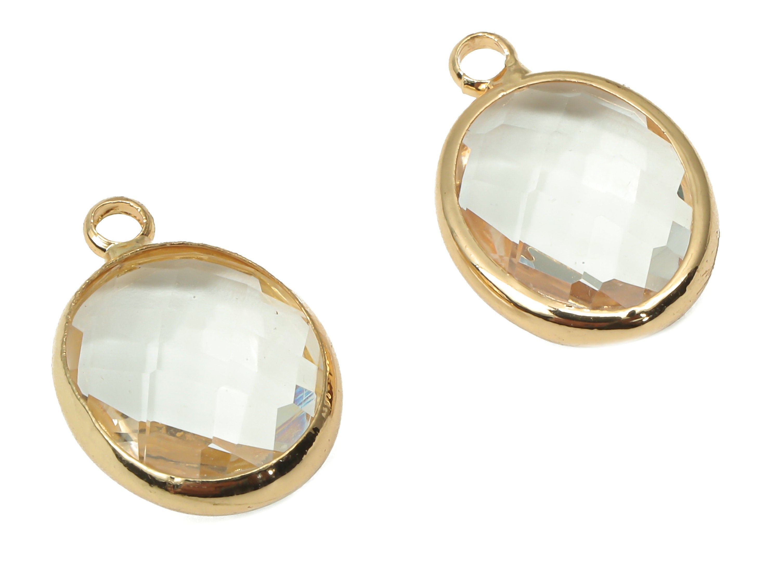 Glass Oval Earring Charms With Loop - Clear Brass Oval Frame Pendant - Gold Tone Plated Brass - Faceted Glass - 16.08x10.6x4.38mm - GS1145D - DOMEDBAZAAR
