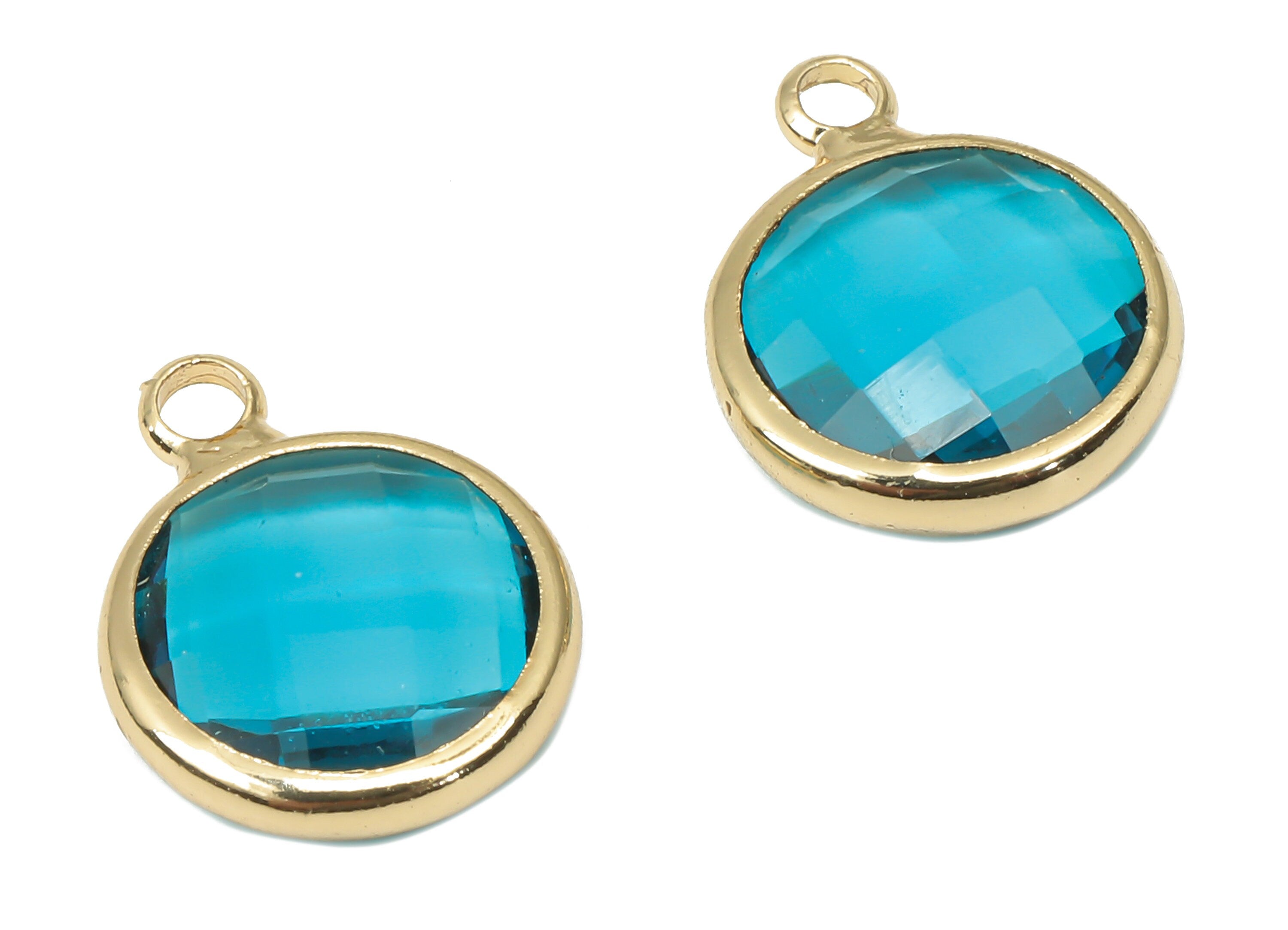 Glass Round Earring Charms with Loop - Blue Brass Circle Frame Pendant - Gold Tone Plated Brass - Faceted Glass - 14.1x10.6x3.8mm - GS1141F - DOMEDBAZAAR