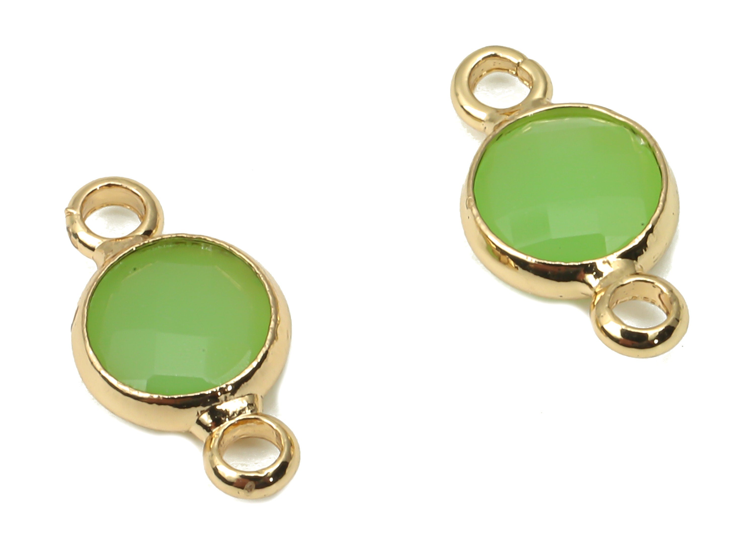 Glass Mini Round Earring Connectors - Green Brass Circle Frame Bracelet - Gold Tone Plated Brass - Faceted Glass - 12.45x6.65x2.3mm- GS1139A - DOMEDBAZAAR