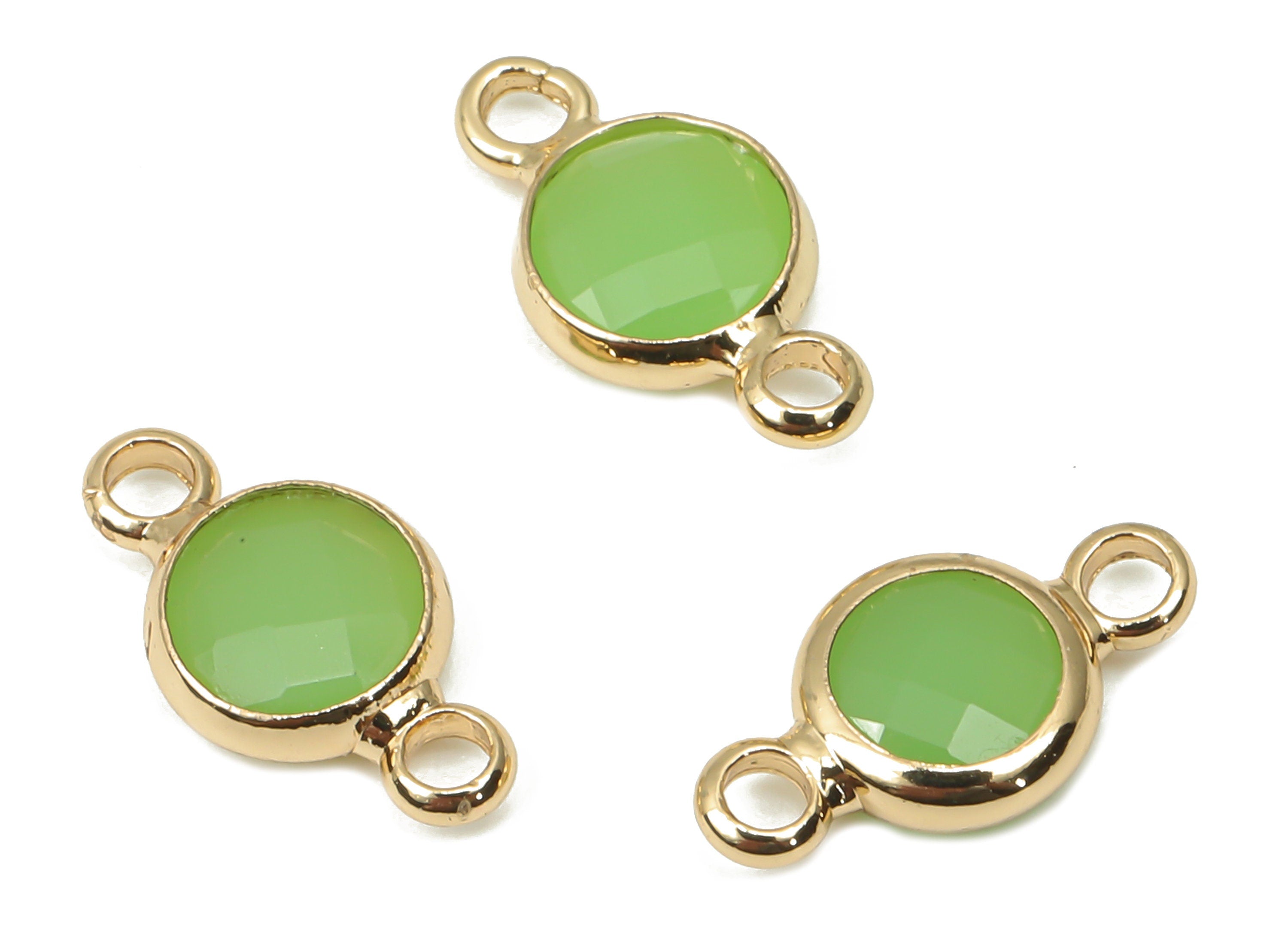 Glass Mini Round Earring Connectors - Green Brass Circle Frame Bracelet - Gold Tone Plated Brass - Faceted Glass - 12.45x6.65x2.3mm- GS1139A - DOMEDBAZAAR