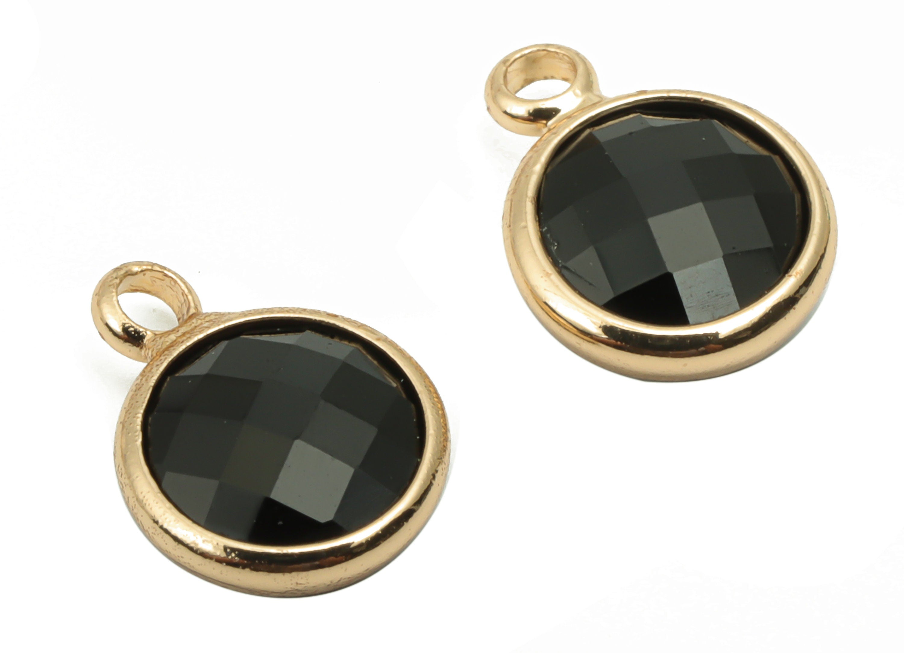 Glass Round Earring Charms With Loop - Brass Circle Frame Pendant - Gold Tone Plated Brass - Faceted Glass - 11.59x8.72x3.75mm - GS1120F - DOMEDBAZAAR