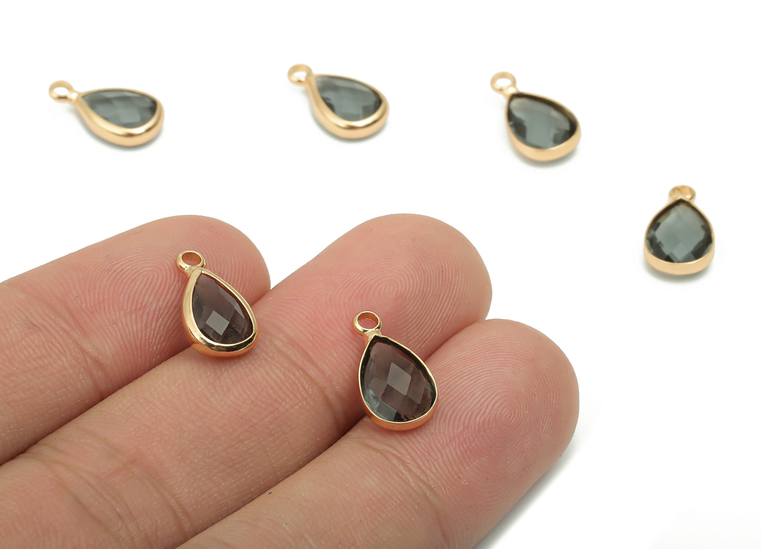 Glass Drop Earring Charms - Brass Teardrop Frame Pendant - Gold Tone Plated Brass - Faceted Glass - 13.82x7.62x3.98mm - GS1121B - DOMEDBAZAAR