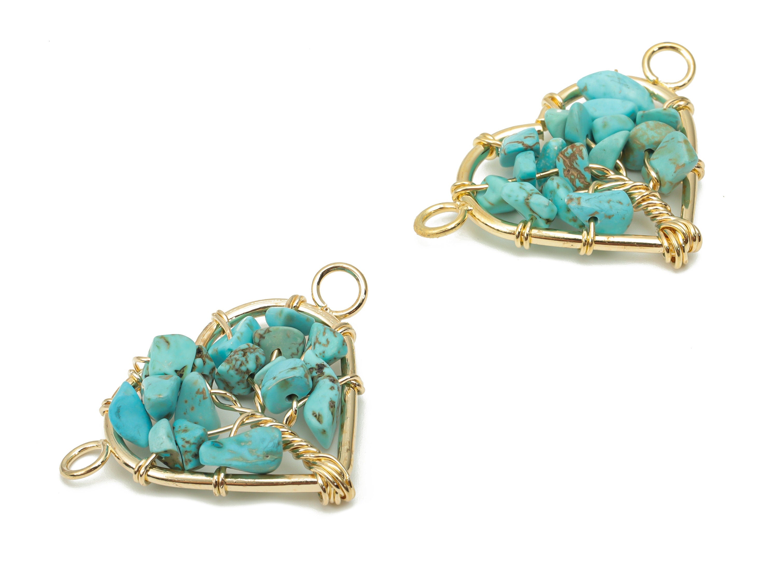 Turquoise Heart Connectors - Brass Wire Wrapped Tree of Life Charms - Natural Stones Chips - Gold Tone Plated Brass – 31.2x24x7.9mm– NS1740F - DOMEDBAZAAR